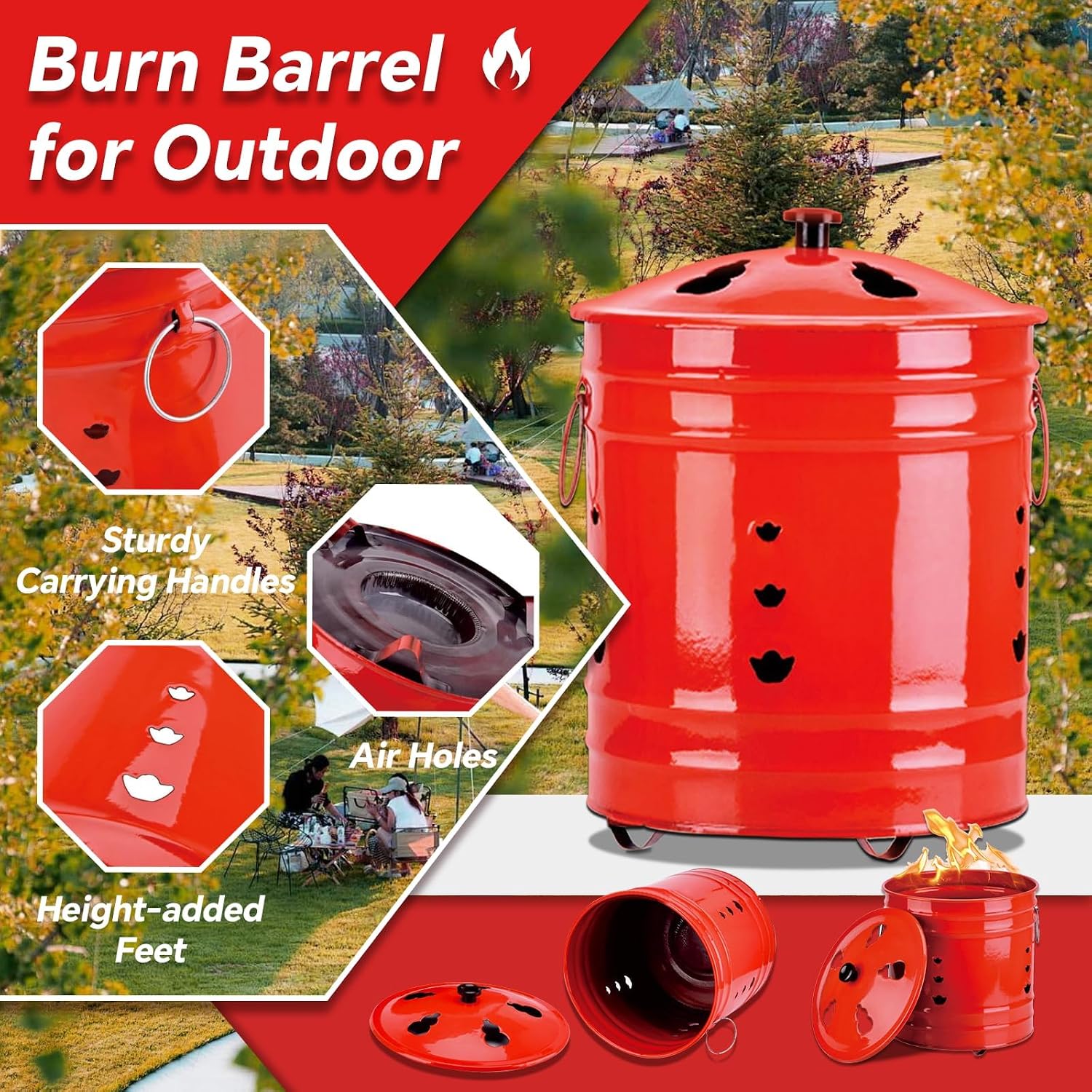Durable Burn Barrel for Outdoor Use 9.5x9.5in, Heat-Resistant Incinerator Cage with Lid and Handle for Burning Paper, Trash, Leaves, and Wood — Portable Hollow-Out Design for Efficient Airflow