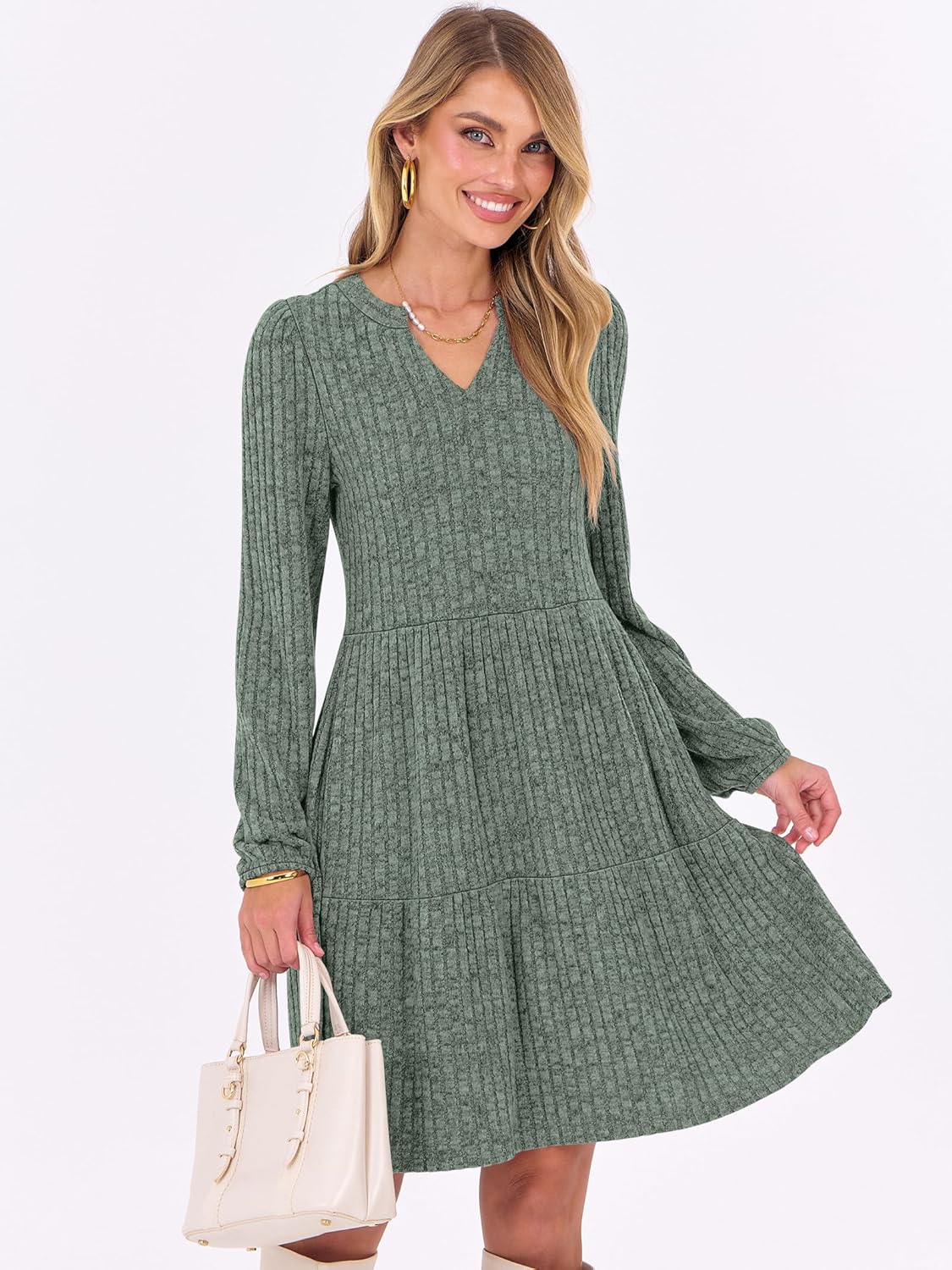 ANRABESS Long Sleeve Dress for Women Fall Fashion Outfits 2025 Casual V Neck Rib Knit Babydoll Sweater Dresses with Pockets - Image 2