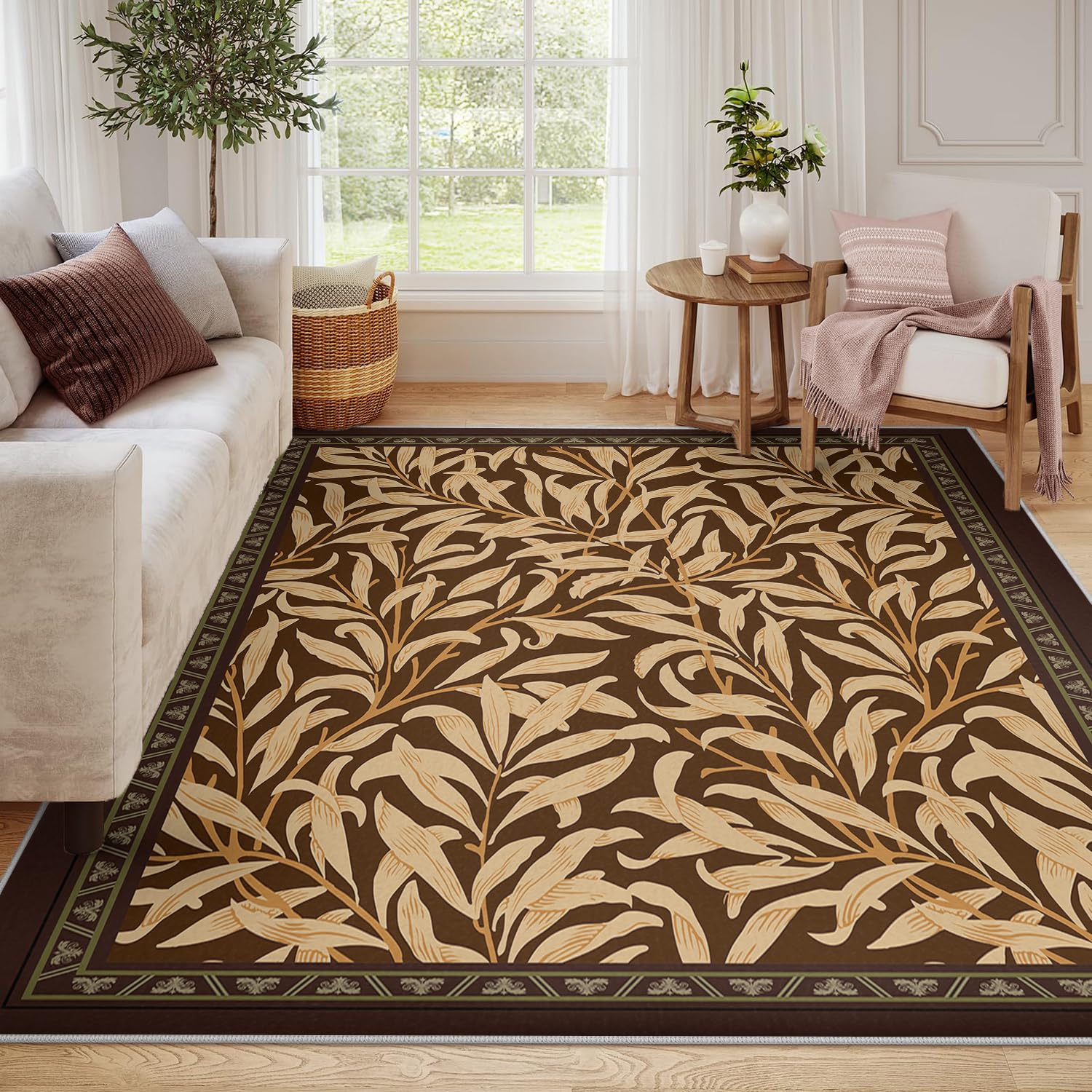 Tapis salon 140x200 William Morris style botanique vintage marron foncé lavable