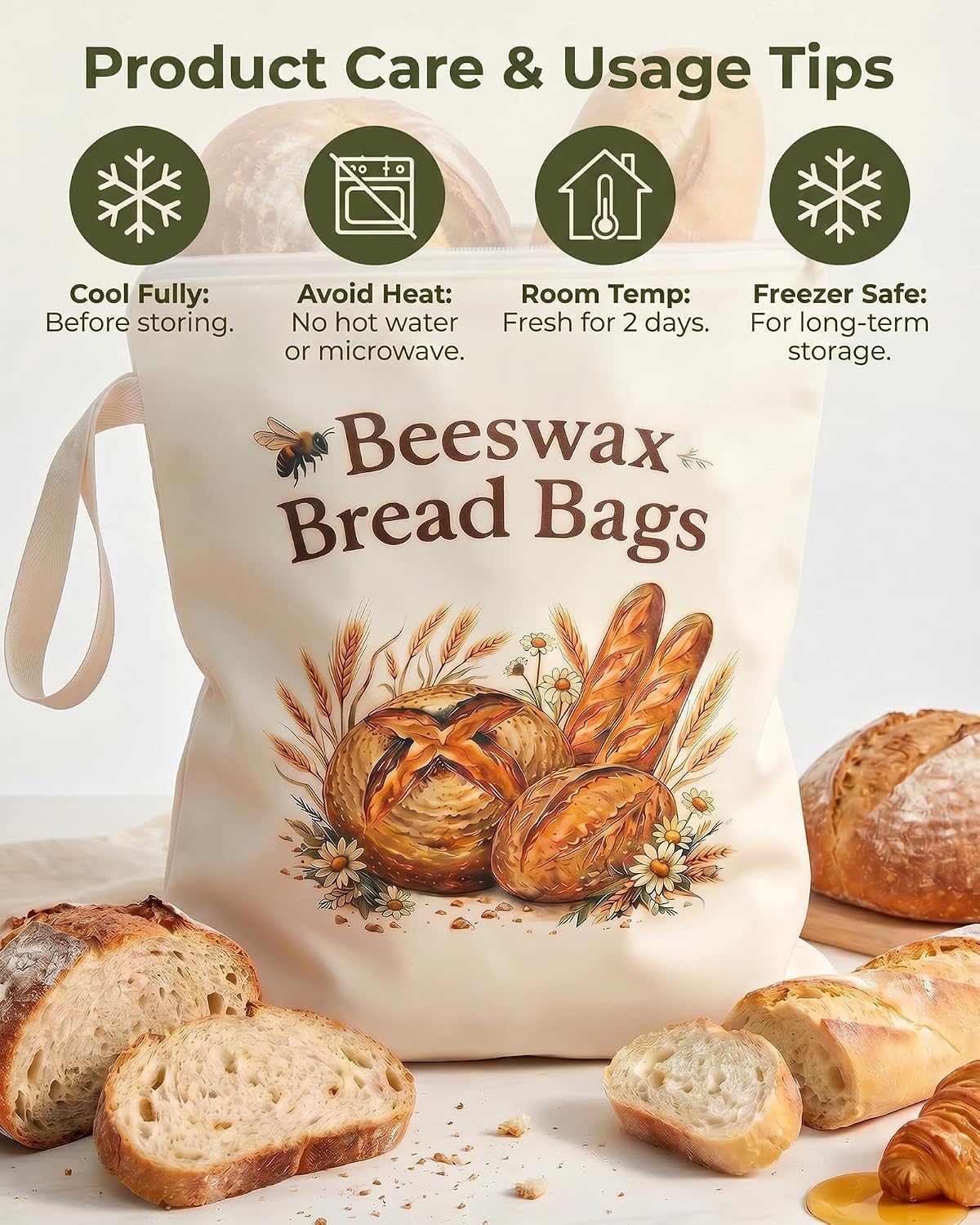 LUCKFOX Beeswax Bread Bag, Sourdough Bread Bags for Homemade Bread, 2 Pack | wide zipper opening, 13 x 17 inch size, reusable cotton-linen, freezer safe, fits boule, baguette & artisan loaves