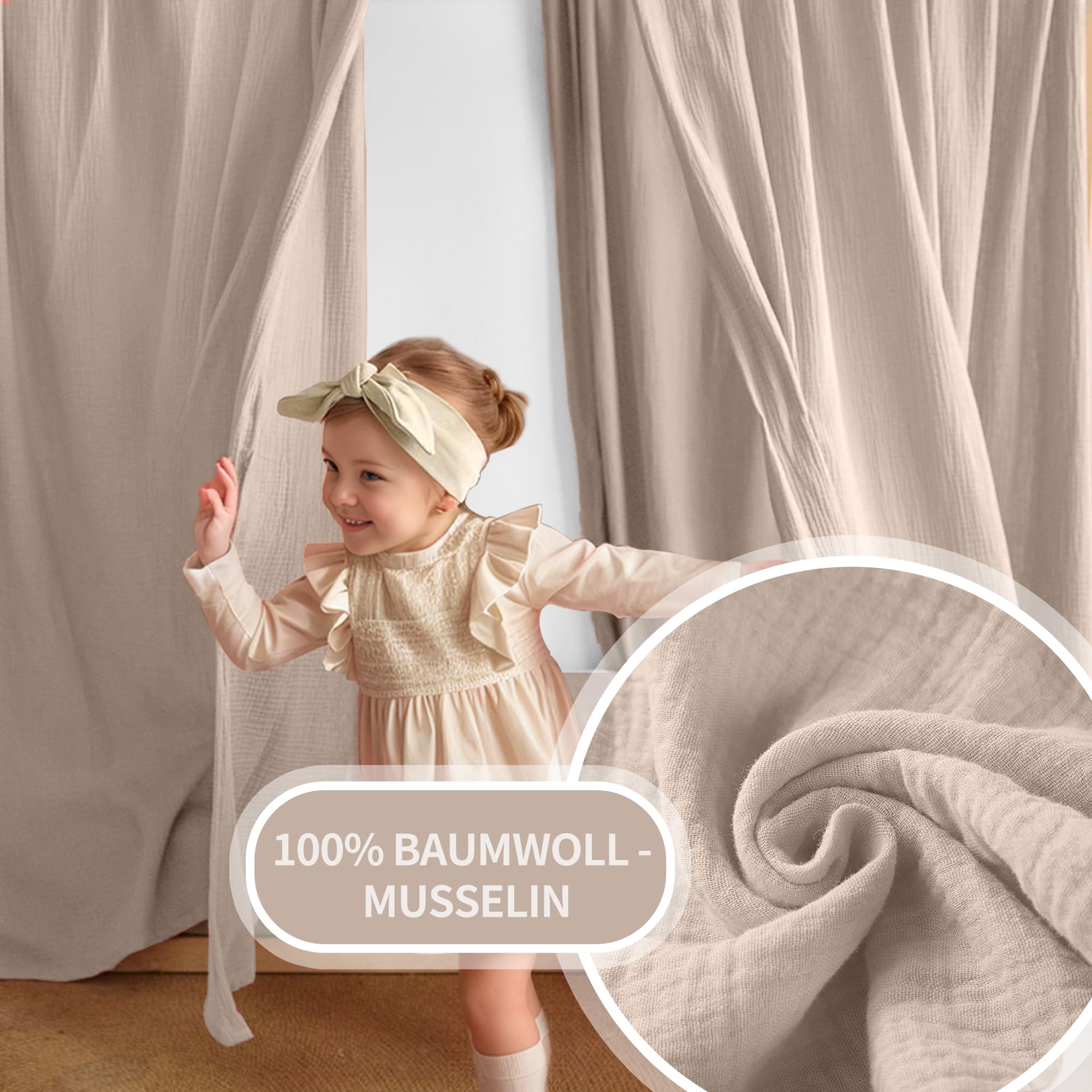 iLuane Łóżko domowe z motywem baldachimu – zestaw 3 szt., 100% bawełna, muślinowa zasłona – dekoracja dla dziewcząt i chłopców – materiałowe baldachim do łóżeczek dziecięcych 90 x 200 i 120 x 200 cm