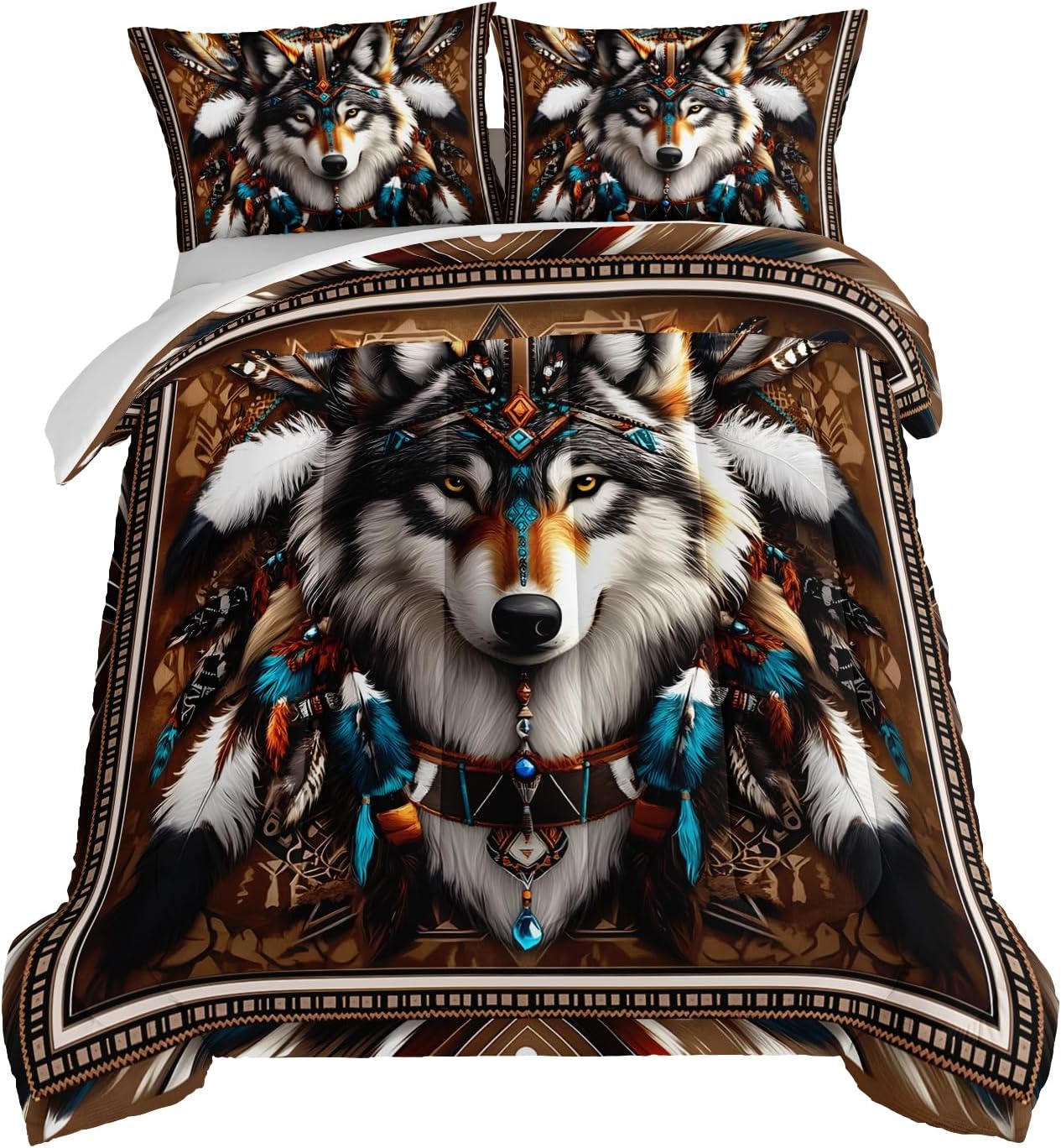 HOSIMA Wolf Queen Comforter Set,Tribe Decoration Print Animal Bedding for Teens Boys Room Decor,Lightweight Fluffy Dreamcatcher Feather Pattern Wolf Bedding Set for Kids with 2 Pillowcases.