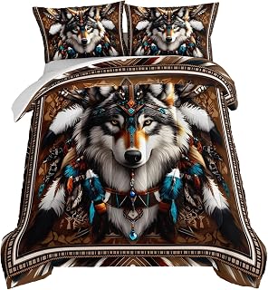 HOSIMA Wolf Twin Comforter Set,Tribe Decoration Print Animal Bedding for Teens Boys Room Decor,Lightweight Fluffy Dreamcatcher Feather Pattern Wolf Bedding Set for Kids with 2 Pillowcases.