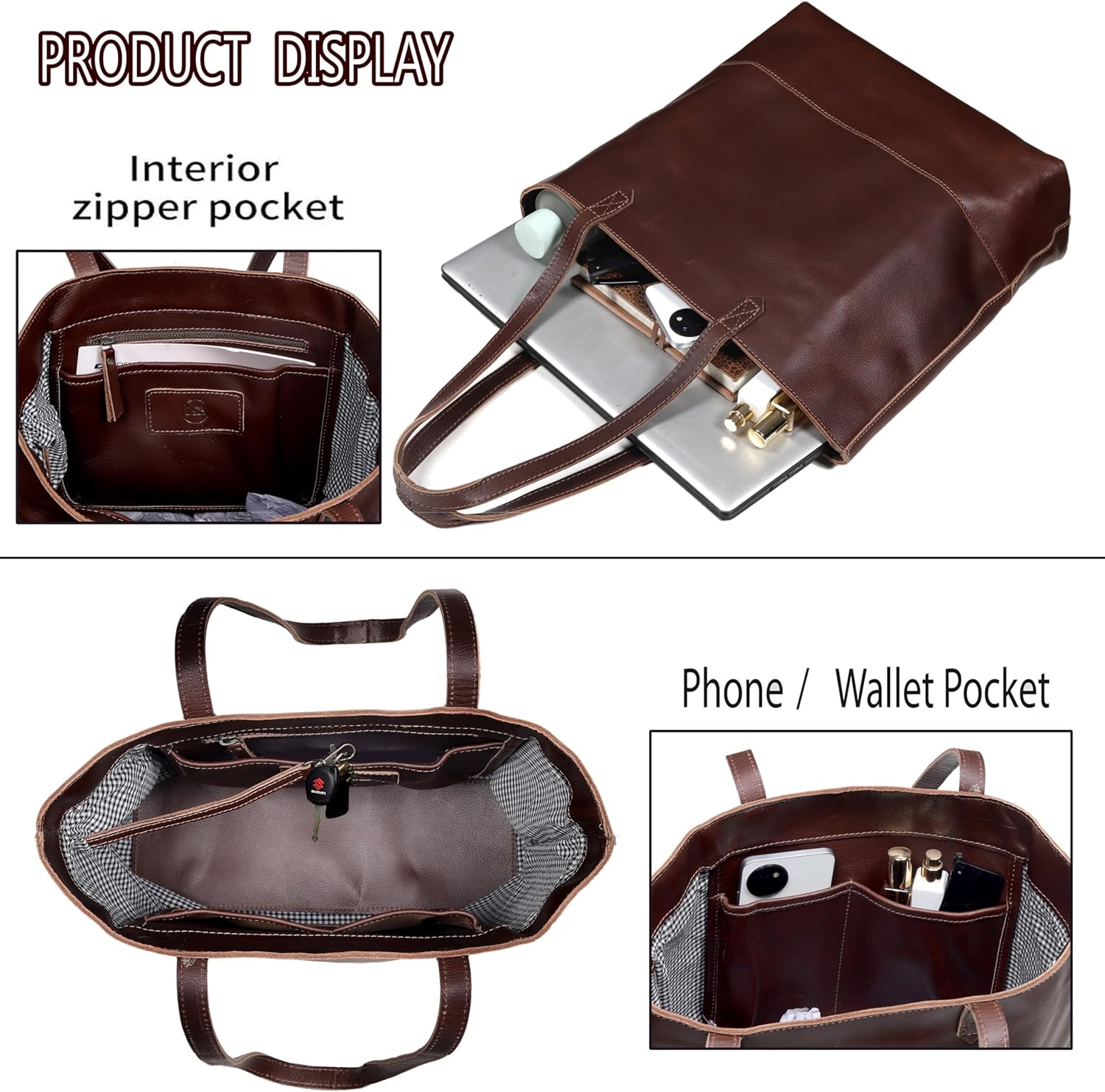 Genuine Leather Tote Bag for Women – Large Shoulder Handbag, Vintage Brown Purse, Stylish Work & Travel Tote Fits Laptop (Victoria Dark Brown) - Image 3