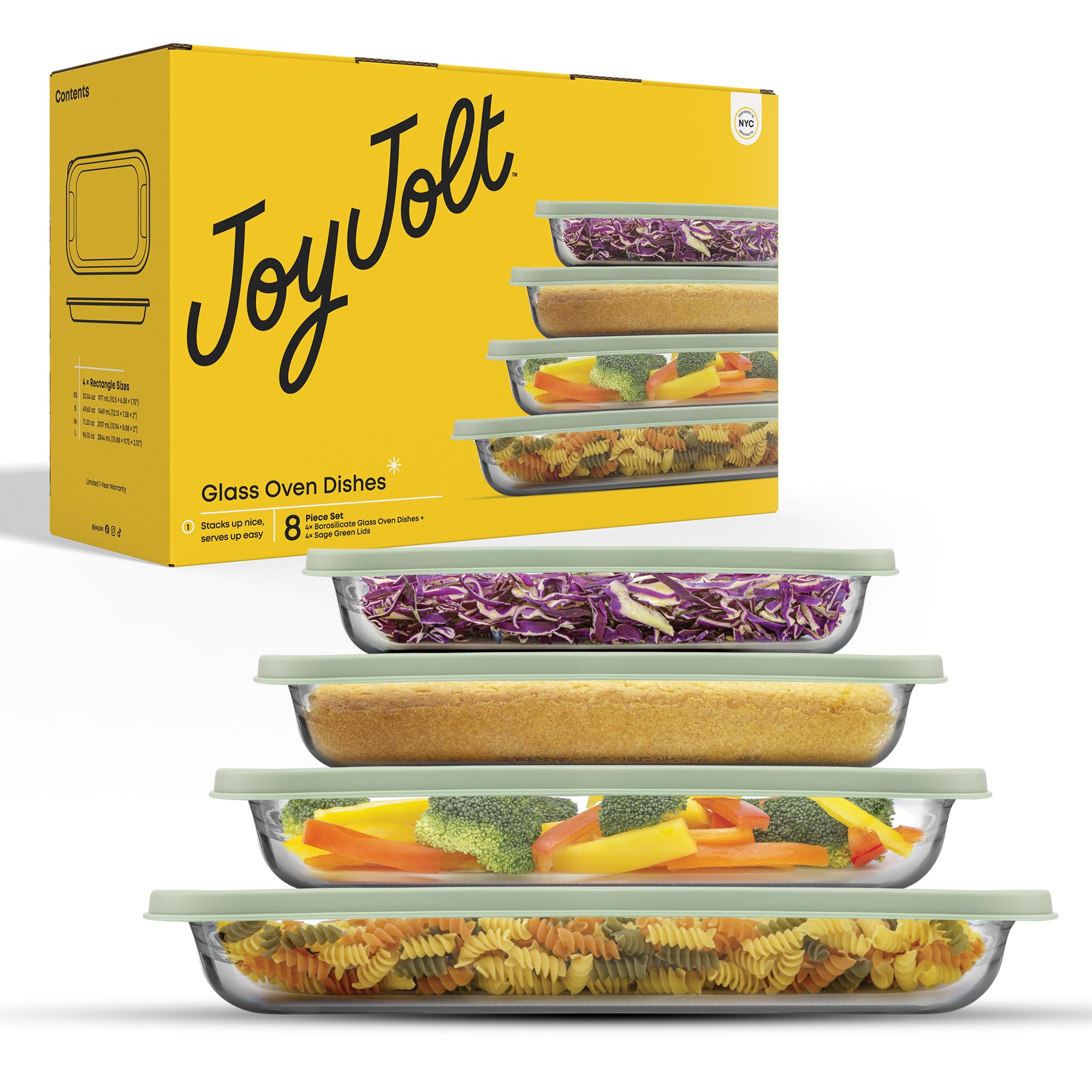 JoyJolt 8-teiliges Ofenformen-Set aus Borosilikatglas mit salbeigrünen Deckeln, rechteckiges tiefes Glas-Backform-Set, Backformen für Lasagne, Auflaufform, Kuchen, Backformen-Set, Gefrierschrank zu