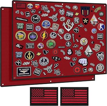 2 Pack Tactical Board Patch Organizer Holder Display with Loop Surface, Steel Ring and Flag Patch M 85 x 70CM/ 33" x 27.5" x 17.7", Red + Flag Patch