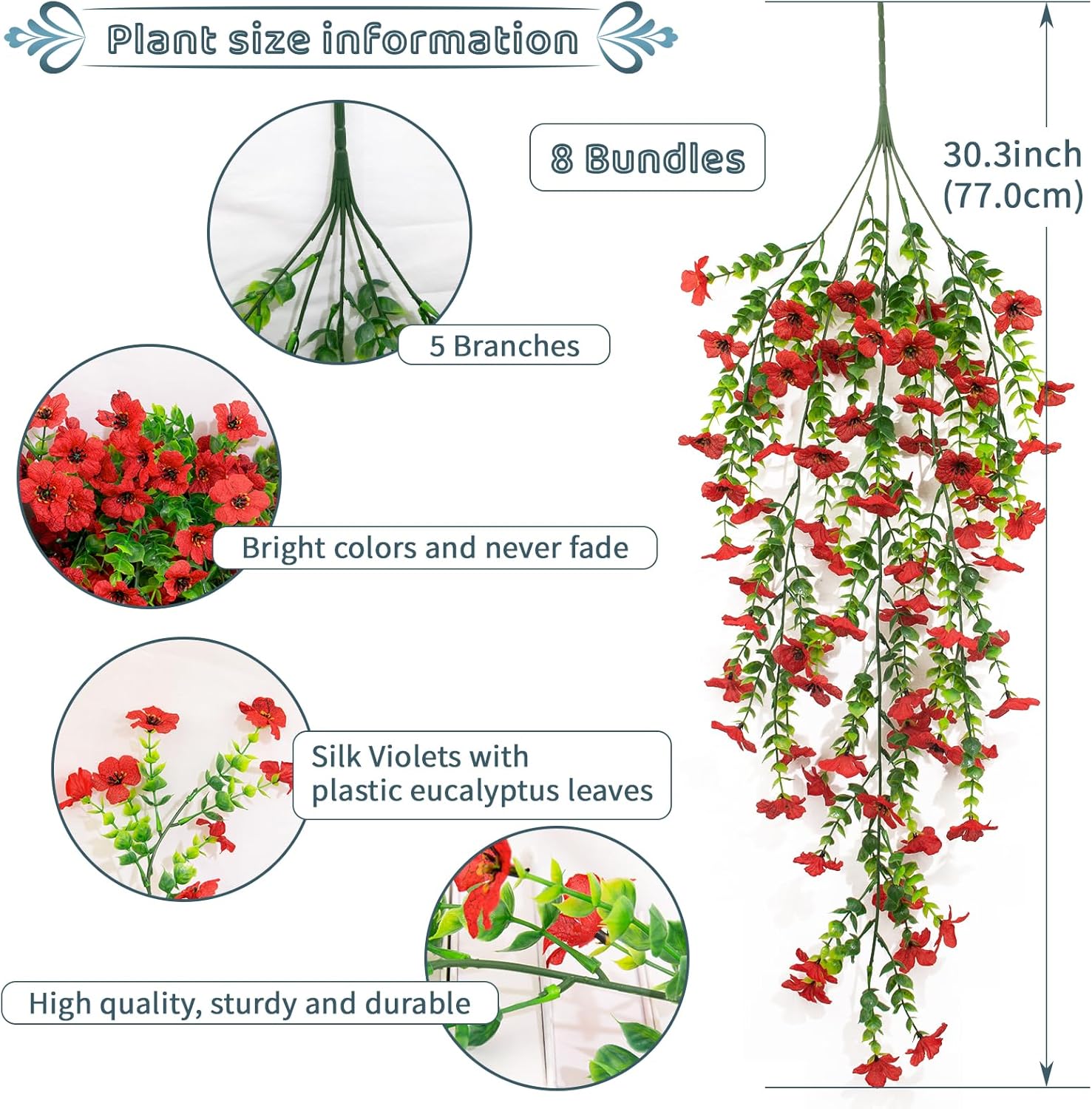 8 Pack Red Artificial Hanging Flowers Silk Colorful Daisy for Outdoors Fake Plants Spring Summer Decoration,Realistic Faux Flowers UV Resistant Porch Patio Window Yard Decor(No Basket)