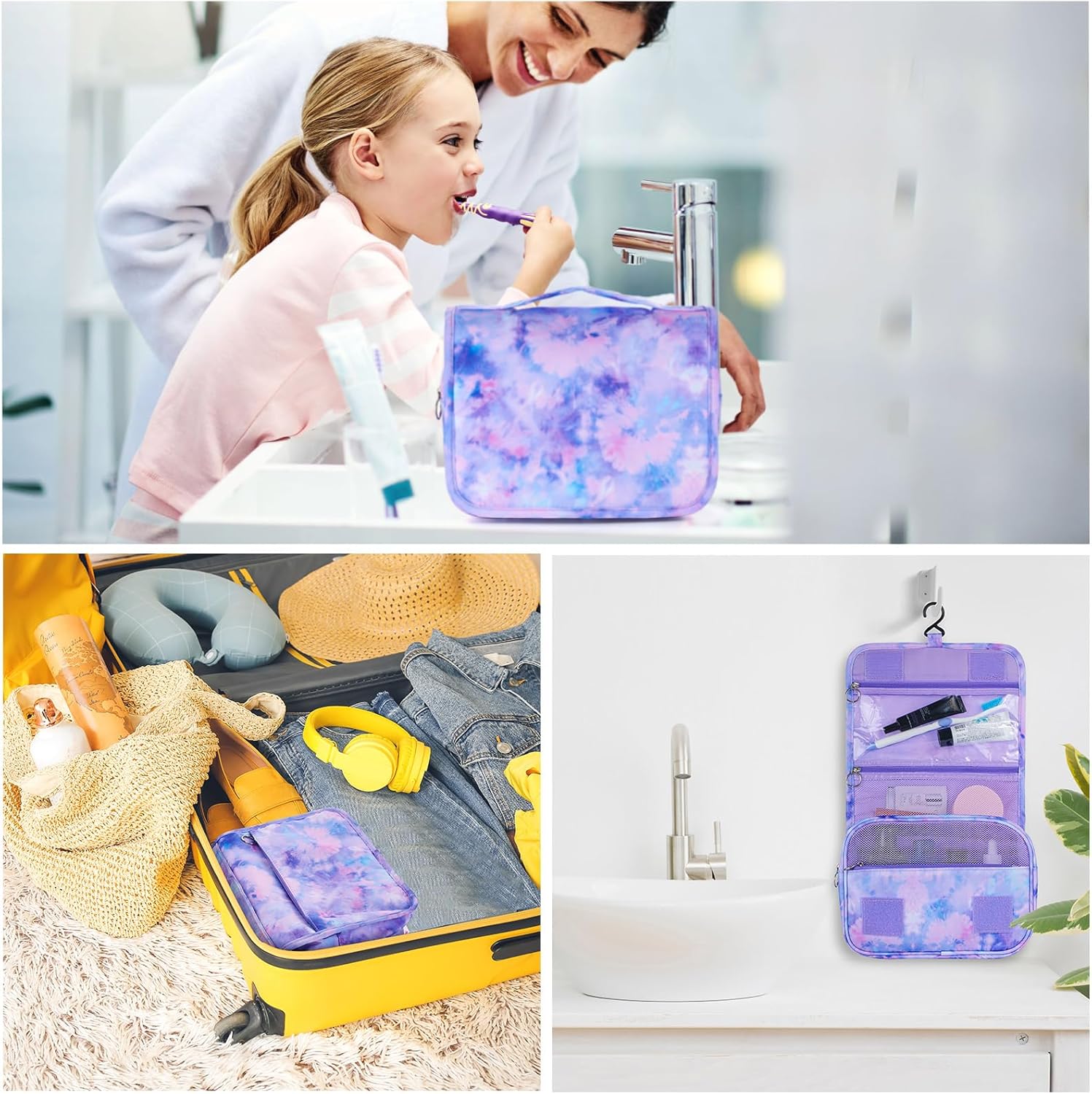 Kids Hanging Toiletry Bag for Girls, Travel Toiletry Bag for Little Young Girls Cosmetic Makeup Waterproof Wash Bag Toddler Traveling Toiletries, Tie Dye Purple - Image 6