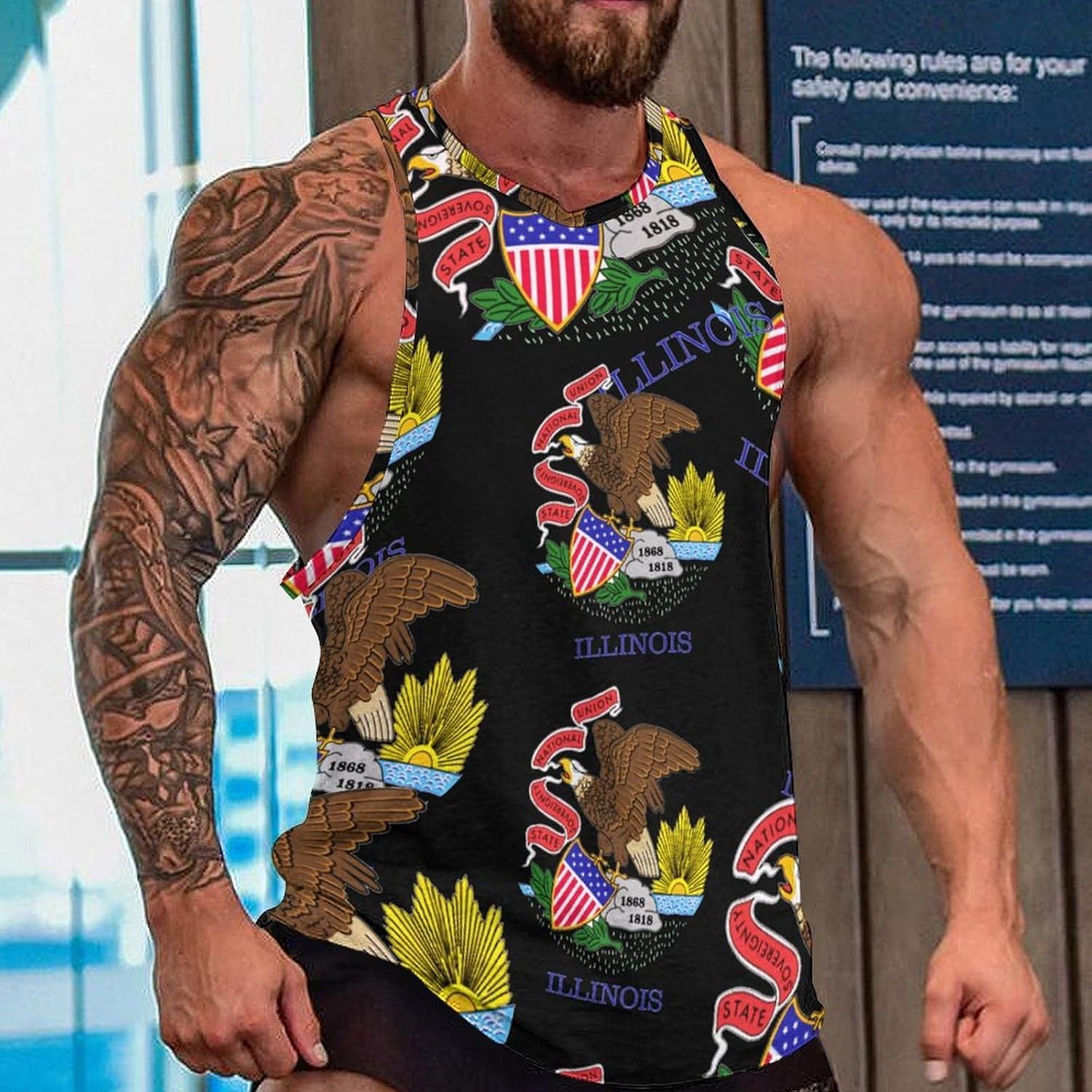 Illinois State Flag Mens Tank Tops Sleeveless Muscle Shirts Beach Casual Gym Shirt Vest Tee Tops