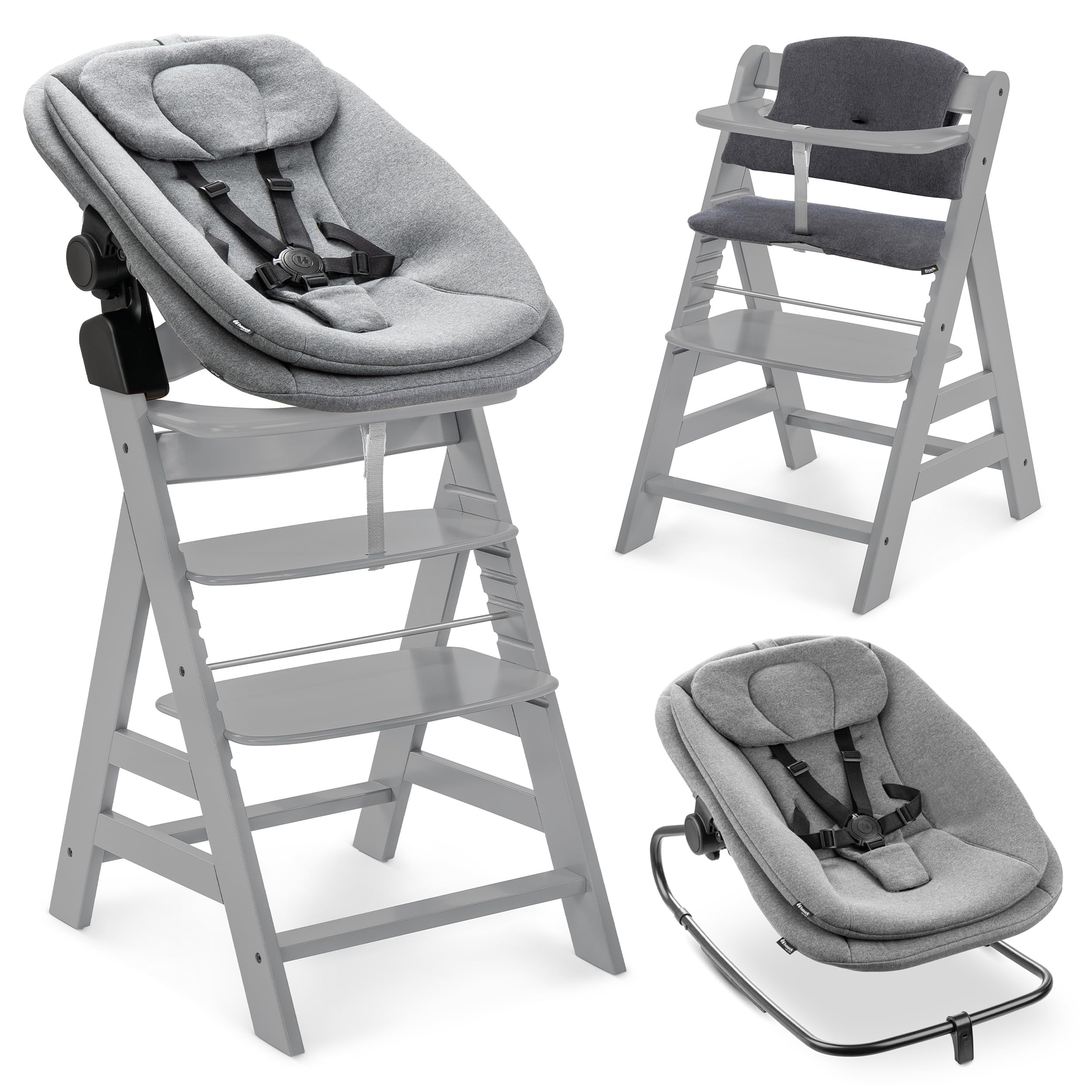 hauck Seggiolone Alpha+ Newborn Set Highchair Bouncer 3in1 - Sediolone Pappa Bimbi in Legno Da 0 Mesi Con Sdraietta Neonati Dondolo e Cuscino - (Grigio)