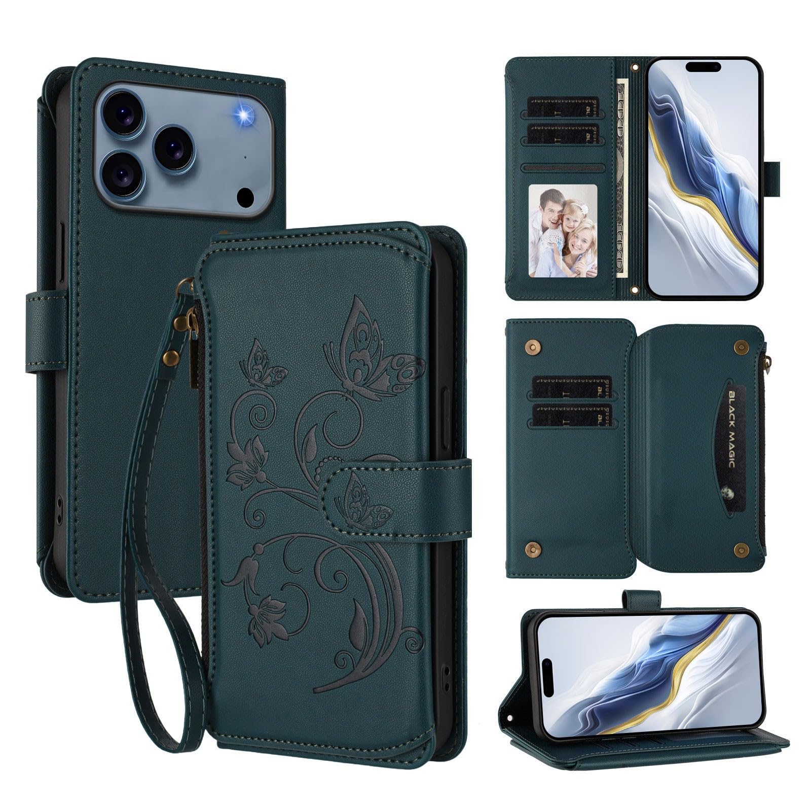 Étui rabat iPhone 17 Pro Max vert foncé portefeuille magnétique cuir - 6