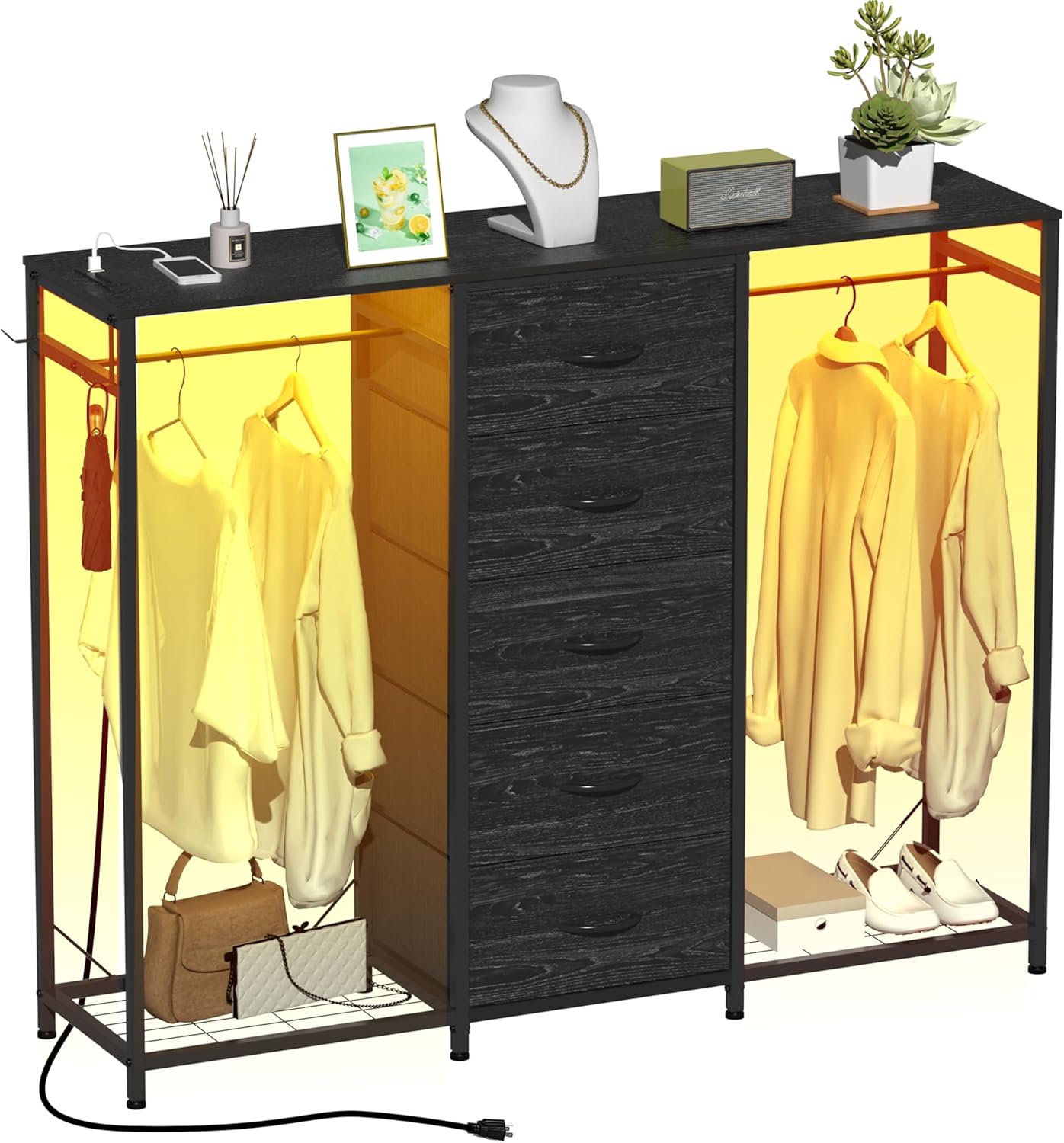 Espelism Dresser for Bedroom with Clothes Rack 5 Drawer Dresser with Charging Station LED Lights White Chest of Drawers Flexible Shelf and Open Storage Space for Bedroom Living Room (Charcoal Black)