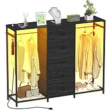 Espelism Dresser for Bedroom with Clothes Rack 5 Drawer Dresser with Charging Station LED Lights White Chest of Drawers Flexible Shelf and Open Storage Space for Bedroom Living Room Charcoal Black