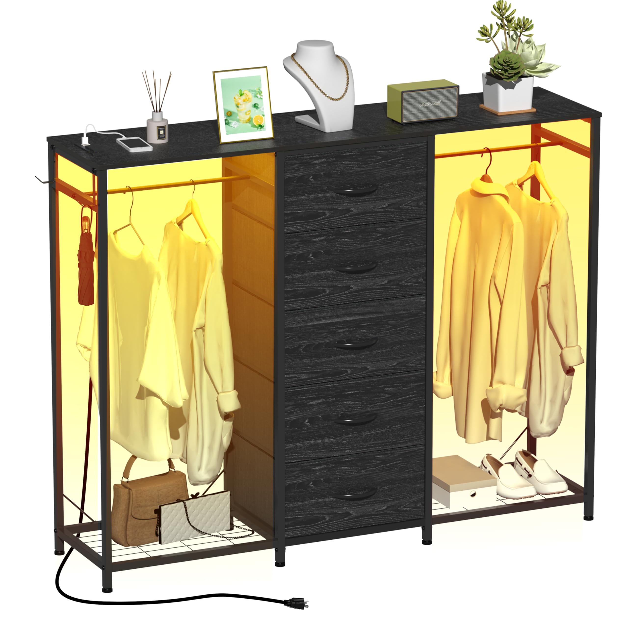Photo 1 of ***FACTORY SEALED***
Espelism Dresser for Bedroom with Clothes Rack 5 Drawer Dresser with Charging Station LED Lights White Chest of Drawers Flexible Shelf and Open Storage Space for Bedroom Living Room (Charcoal Black)
