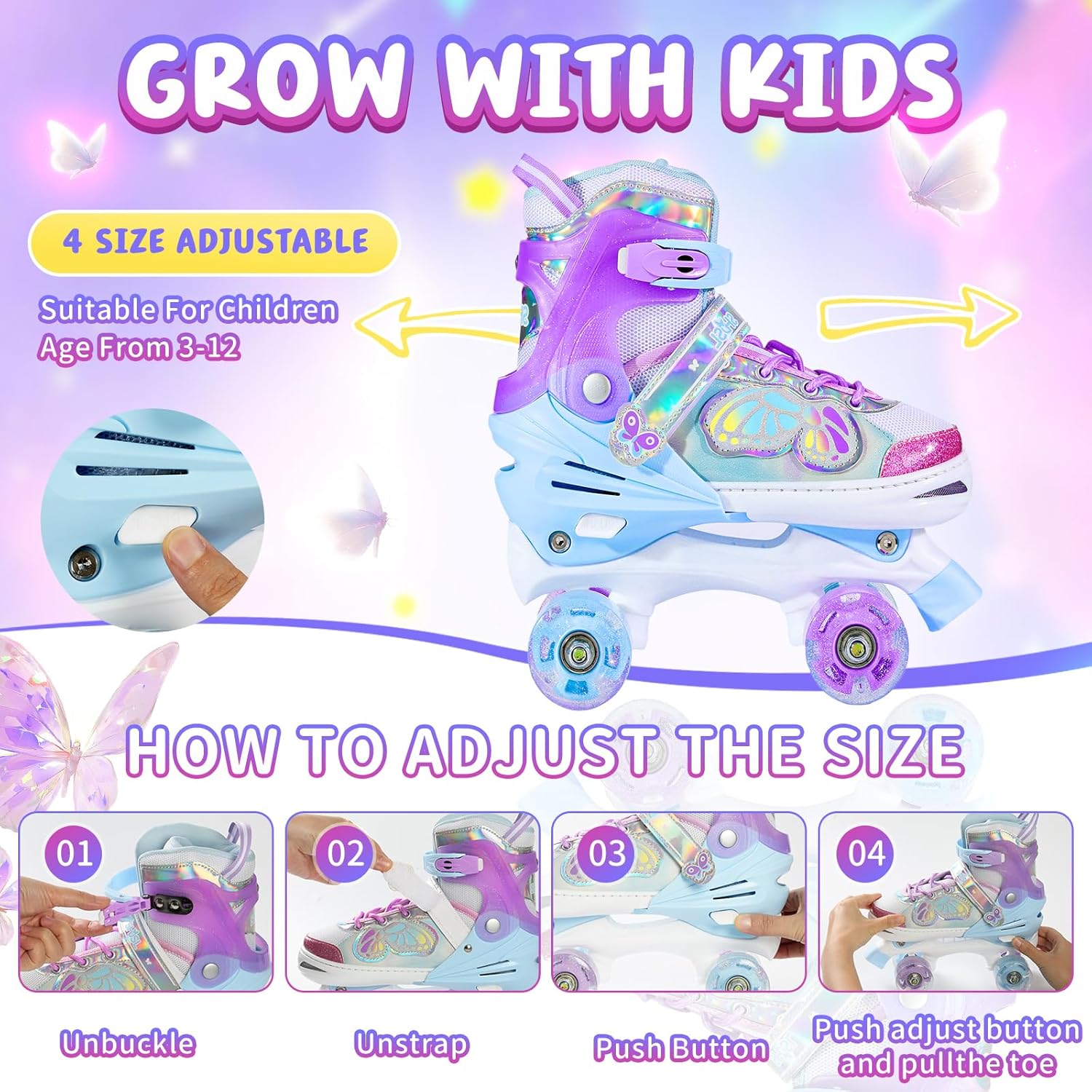 SHDSL Girls Roller Skates for Kids Beginners 4 Size Adjustable Roller Skates, Light UP 8 Wheels for Girls Roller Skate Fun Illuminating Roller Skate for Kids Girl Boys patines para niñas