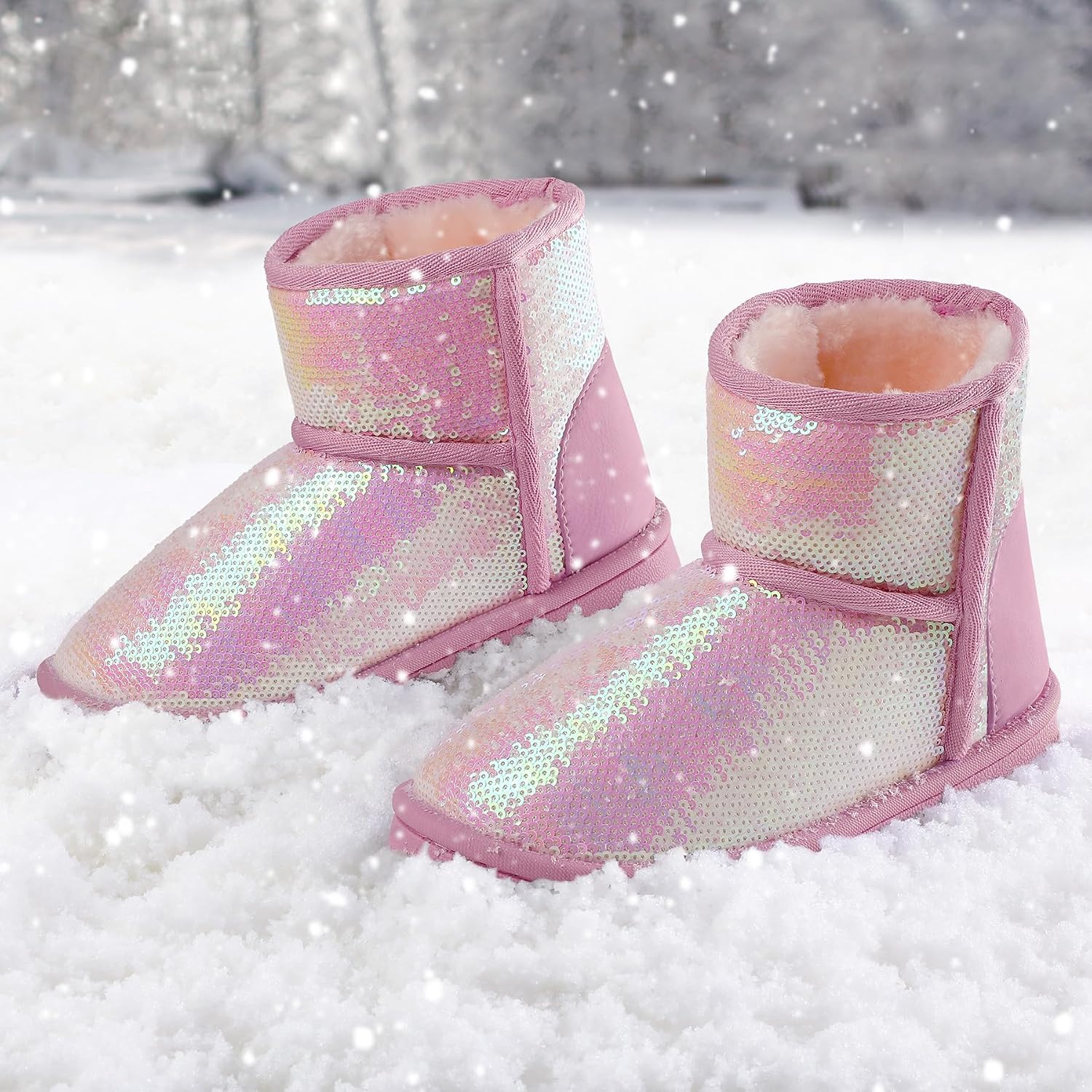 K KomForme Girls Winter Boots Sparkle Sequins Warm Snow Shoes Fur Lined Lightweight Comfy (Toddler/Little Kids/Big Kids)