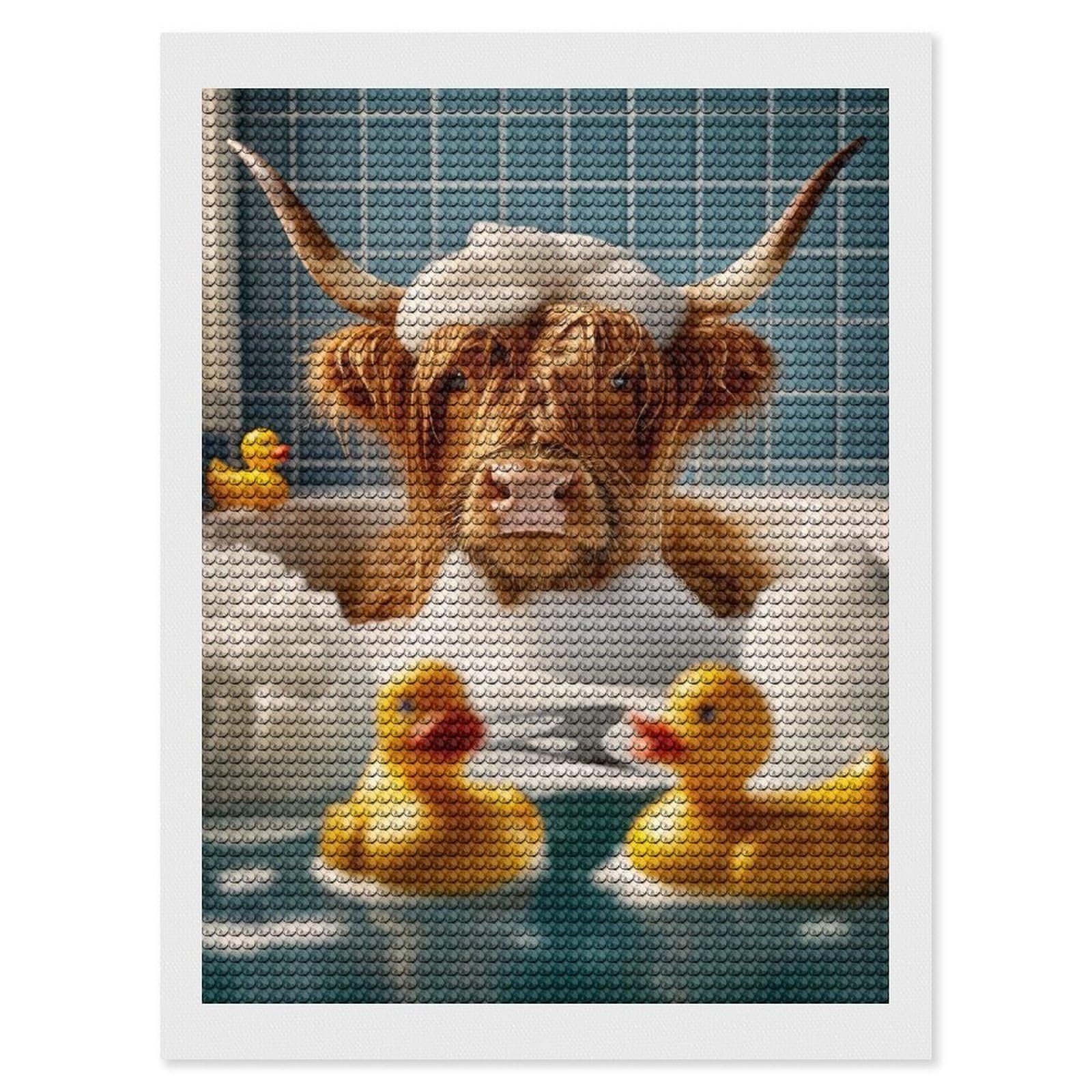 Junmoney Highland Cow in The Bath Diamond Painting Kit 12"x16", Festive Craft Gift, Bedroom Decor, Full Kit Included, Creative Gift Idea