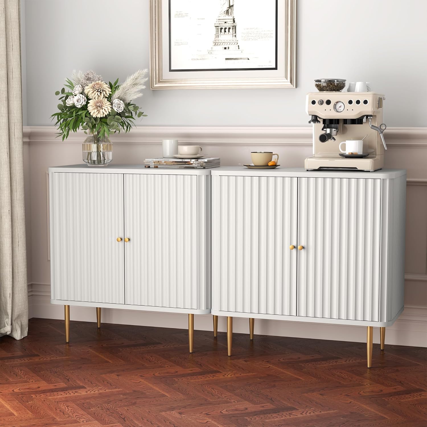 HLR Sideboard Buffet Cabinet with Fluted Texture, White Accent Cabinet with 2 Doors, Modern Credenza Storage for Kitchen Living Room, Entryway (White, 1Piece)