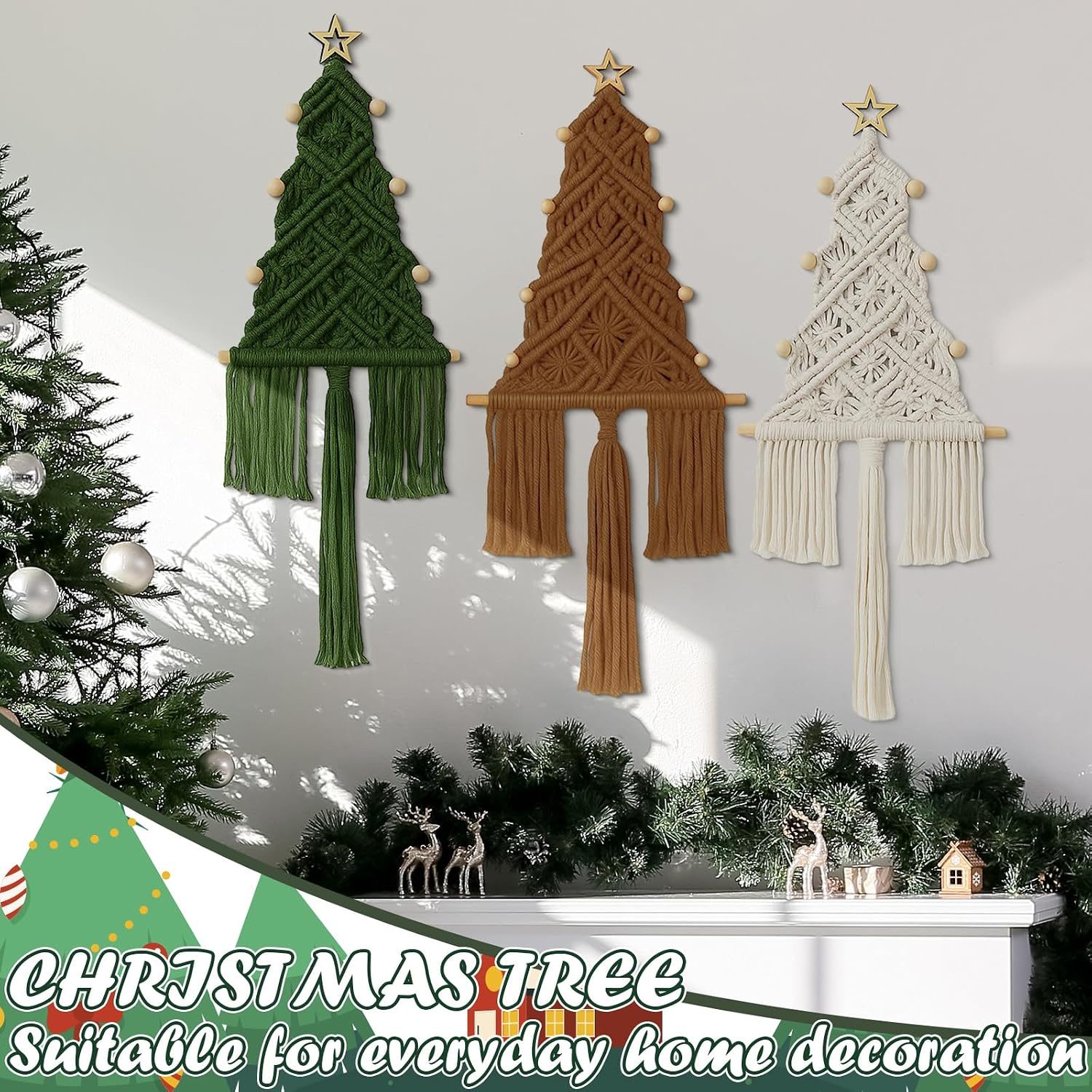 HunnmingRe 3 Pcs Large Macrame Christmas Tree Macrame Christmas Wall Decoration Hanging Ornaments Boho Wall Decor for Party Supplies (Beige,Brown and Army Green)