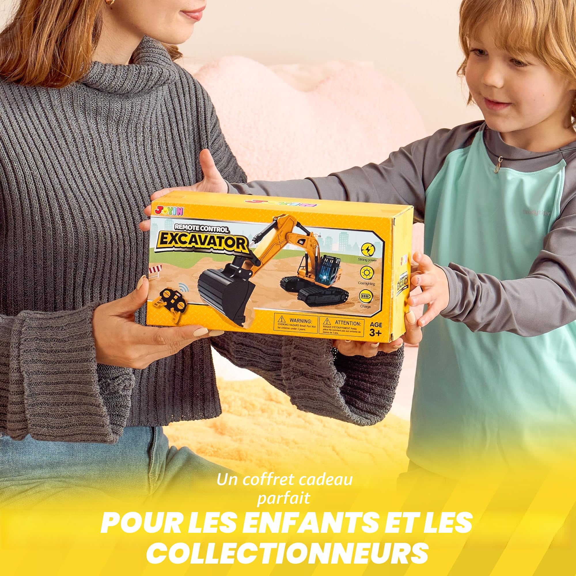 JOYIN Jouet Pelle télécommandé pour garçons et Filles âgés de 3+ Ans, Pelleteuse Tracteur Enfant Camion, 2,4 GHz Voitures Jouets RC avec lumière et Son, Jouet Construction Cadeau d'anniversaire