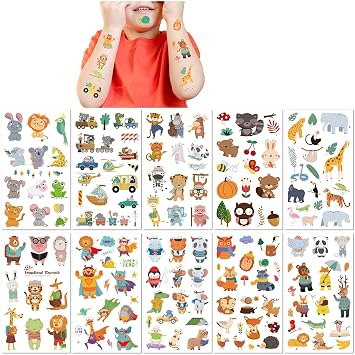 10 Sheets Animal Temporary Tattoos for Kids Waterproof Colorful Cartoon Zoo Giraffe Forest Little Tiger Cute Fake Tattoo Stickers