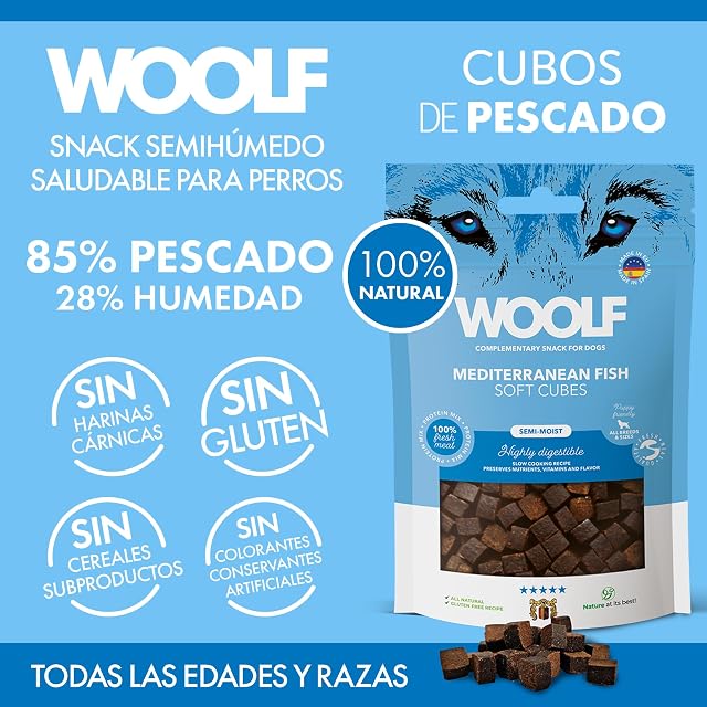 Foto 3 de 7 de Woolf - Cubes - Snack Perro - Recompensa, Premio, Snack Natural Blando Semihúmedo de Pescado para Perros 100gr