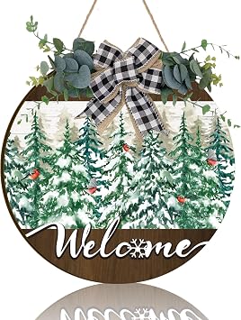 FairySandy Hello Winter Door Sign Winter Snowflake Welcome Sign Door Decor Wooden Wall Hanger with Bow Wreath for Forest Wonderland Front Porch Yard Indoor Outdoor DecorationsPine Tree