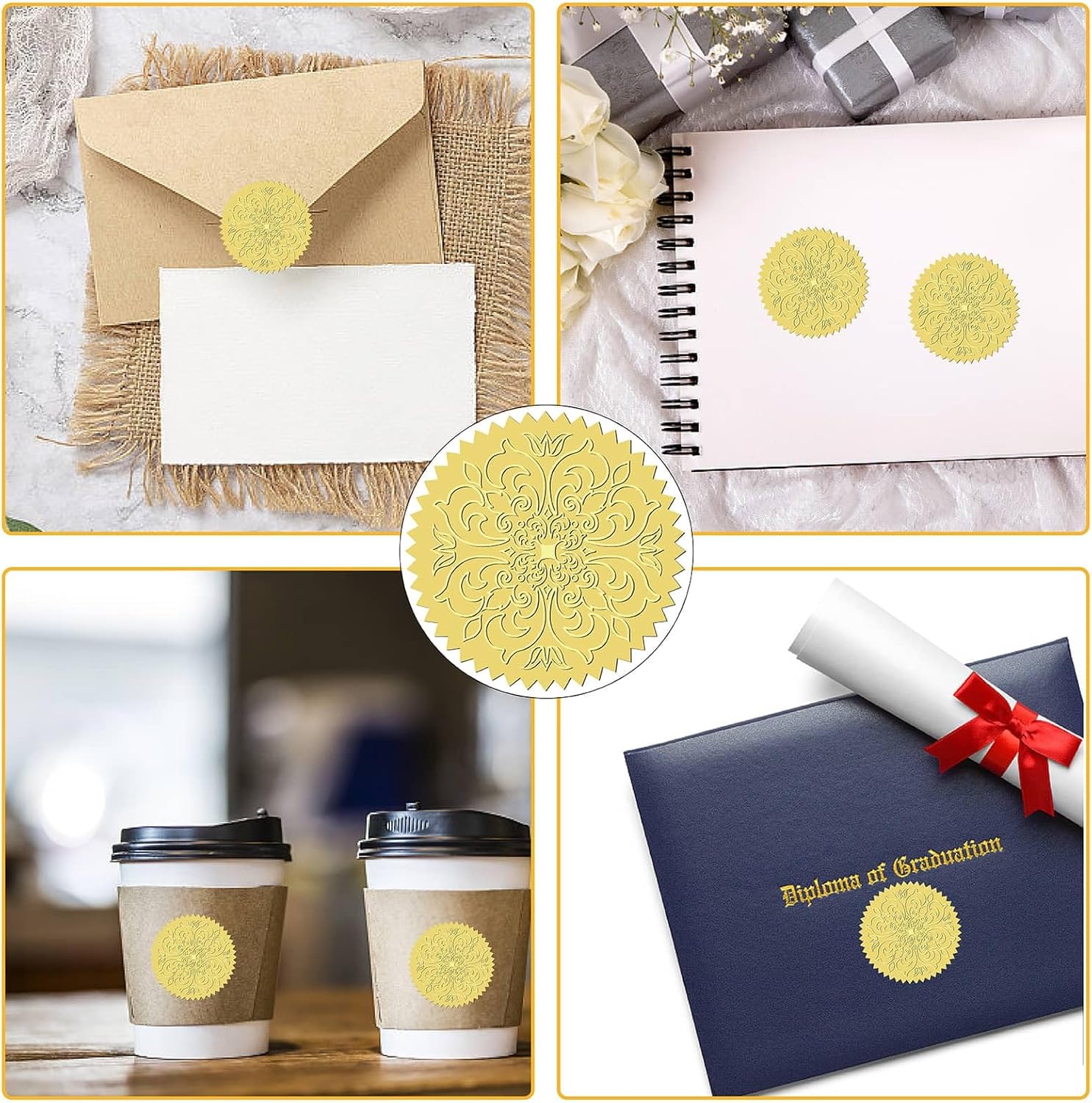CRASPIRE 408Pcs Flower Gold Foil Embossed Stickers Vintage Floral 2" Self Adhesive Envelopes Seals Sticker Labels for Wedding Invitation Graduation Corporate Certificates Diplomas Gift Wrapping Decor