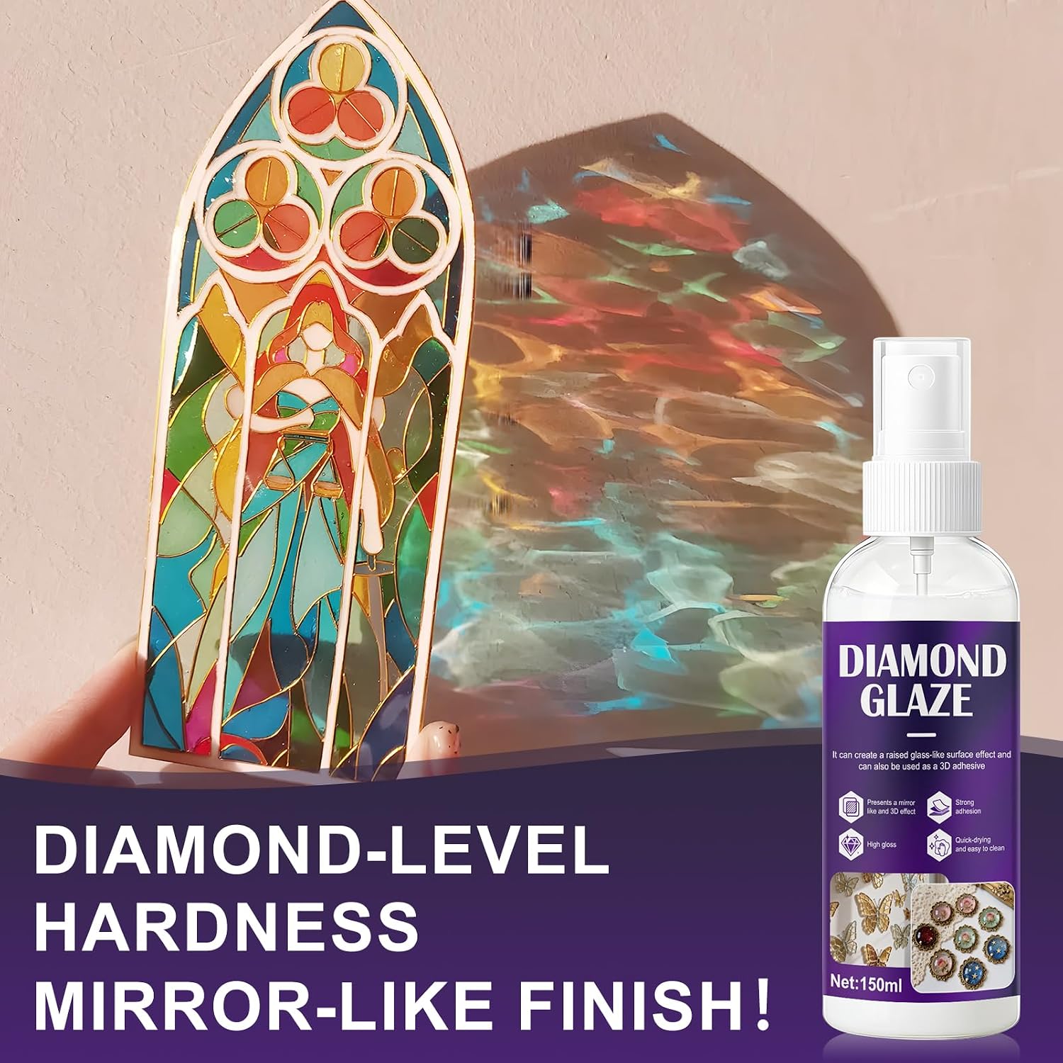 Diamond Glaze Clear, High Gloss High Adhesion Fast Drying for Creating Raised Effects on Handicrafts Jewelry Bracelets Glass and Can be Mixed with Dye Watercolors Pigments, 150ml