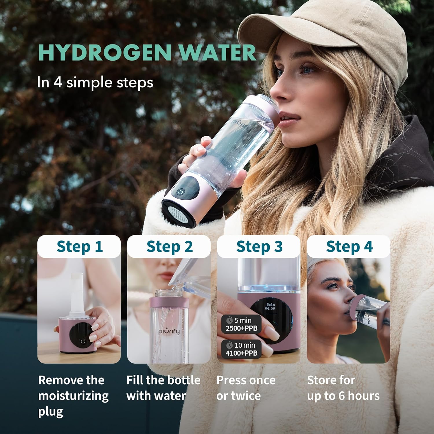 PIURIFY Hydrogen Water Bottle Generator – Up to 4100+ PPB in 10 Minutes | Molecular Hydrogen with SPE/PEM Technology | Certified H2 Generator | Rechargeable | Extended Warranty | 10 oz (Pink)