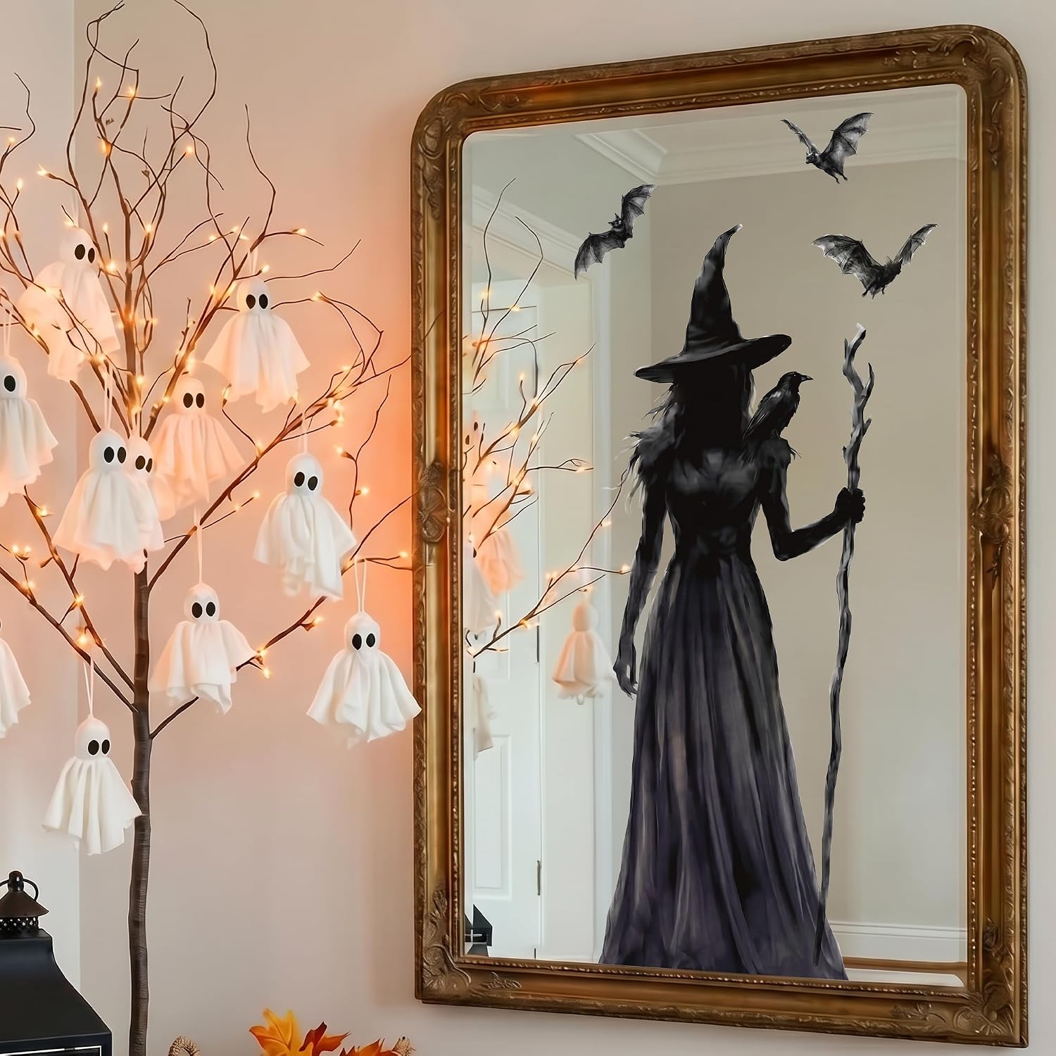 Halloween Decorations Window Clings, 3 Large Witch Window Decals Double Sided Window Clings, Spooky Witch Black Cat Bats Gothic Decor for Glass Windows, Holiday Party Home Indoor Decoration, 3 Sheets