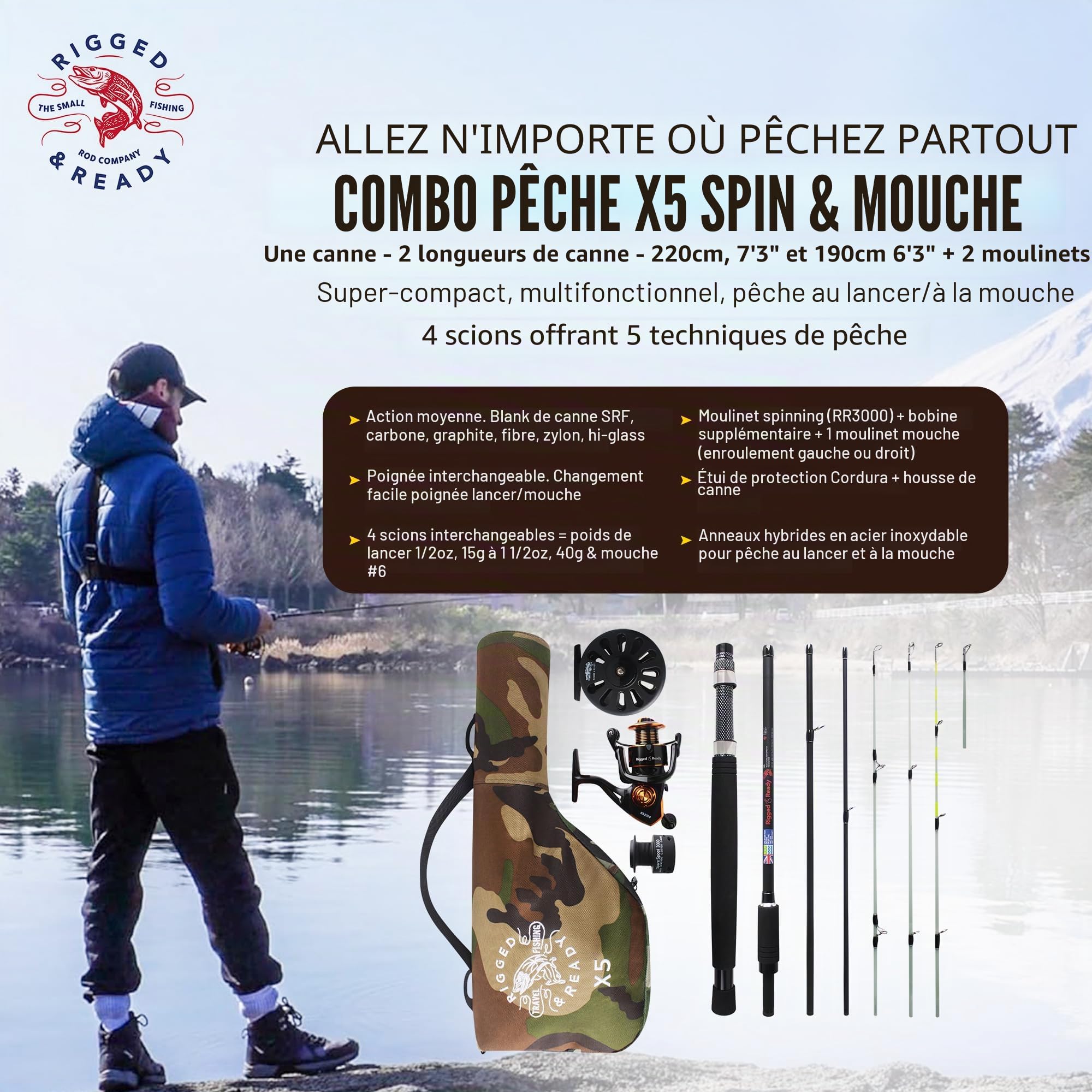 Cannes à pêche de voyage Rigged & Ready X5 Series Spin-Fly – Combinaison de canne X5 et 2 moulinets, canne X5 ou X5 Max – Cannes multifonctionnelles super compactes, 4 pointes, 5 techniques-1 canne à