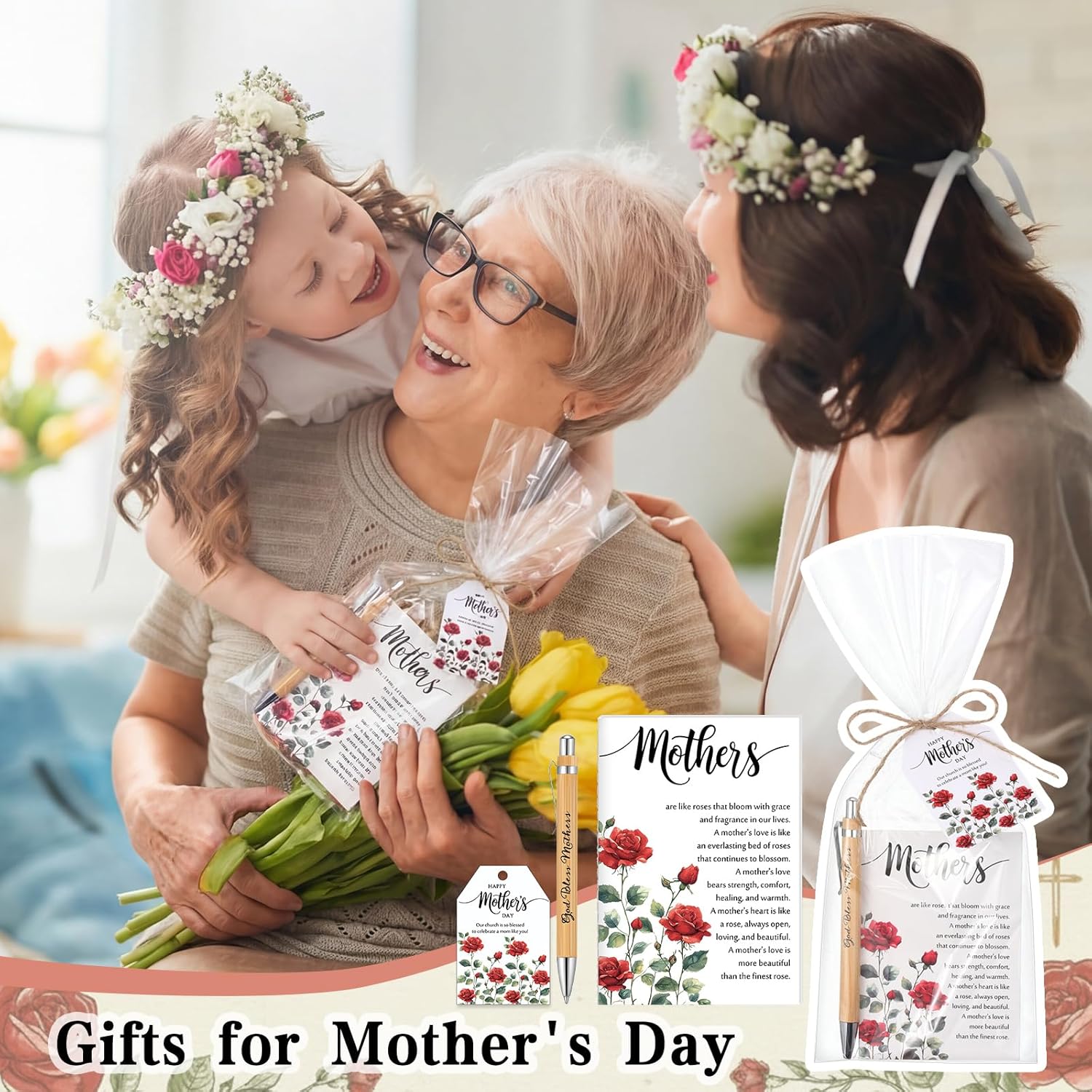 Moinchore Mother's Day Gifts Christian Bible Verse God Bless Mothers Pens Religious Notebooks Christian Gift Cards with Bags Twine for Women Church Sunday School(60 Sets,Rose)