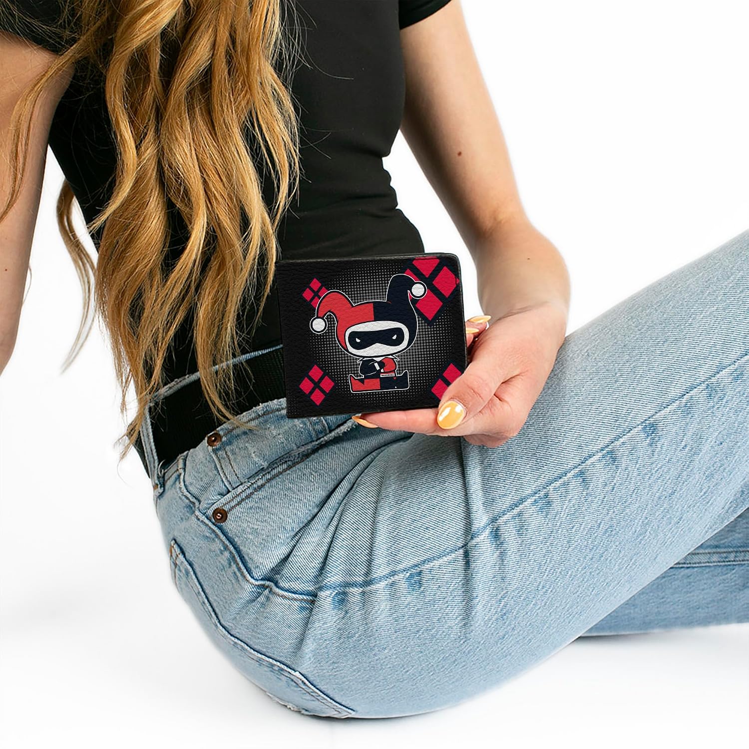 Buckle-Down PU Bifold Wallet - Chibi Harley Quinn Splits Dots/Diamonds Black/Gray/Red
