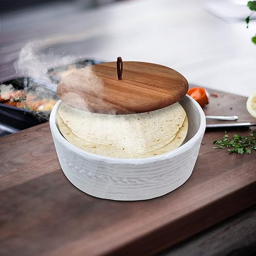 Miniatura 3 de Auténtico calentador de tortillas de madera y cerámica, soporte para tortillas, calentador de panqueques, soporte para tortillas con tapa,