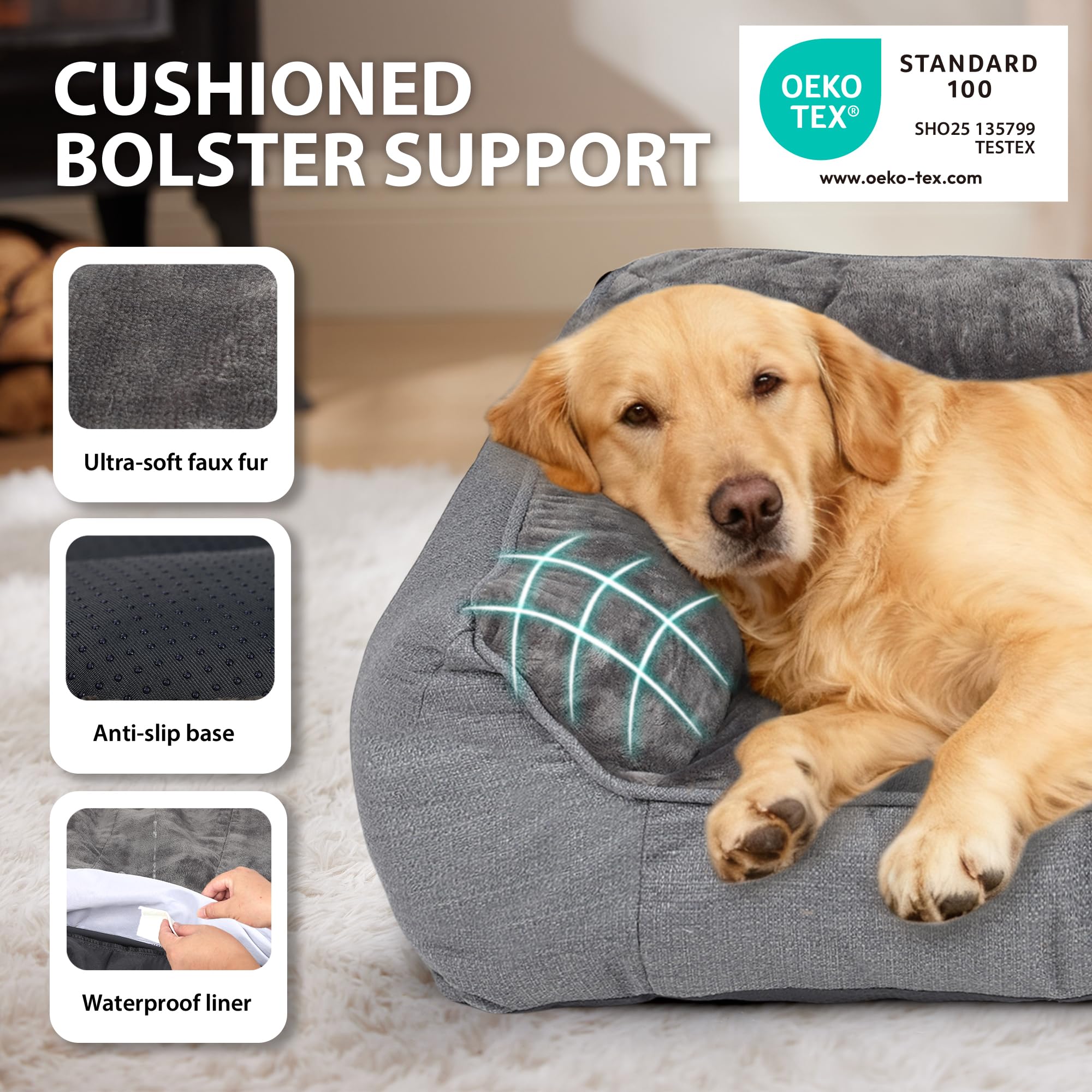 Orthopedic Dog Bed for Large Dogs - Extra Thick Supportive Dog Couch Bed, Pet Beds Sofa with Waterproof Washable Cover & Non-Slip Bottom, Grey, 38x28 Inch - image 2