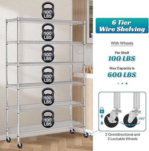 Miniatura 7 de Dkeli Estantería comercial resistente de 6 niveles, estante de alambre de acero con ruedas de capacidad de 6000 libras, estante de almacenamiento