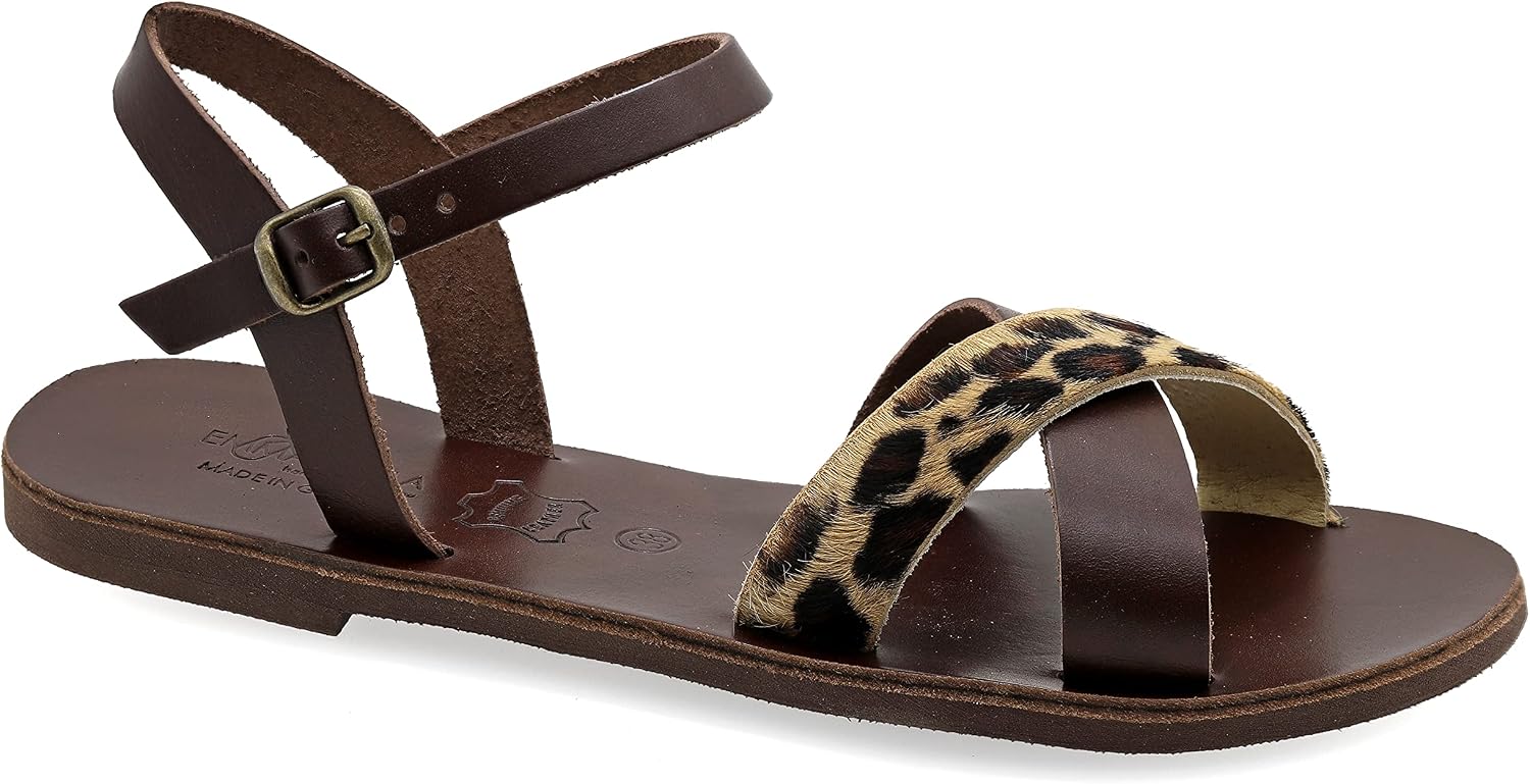 Emmanuela Greek Handmade Leather Flat Sandals with adjustable buckle strap, Quality Ankle Strap Summer Shoes for Women, Boho Chic Slingback Open Toe Sandals, Leopard Pony Skin