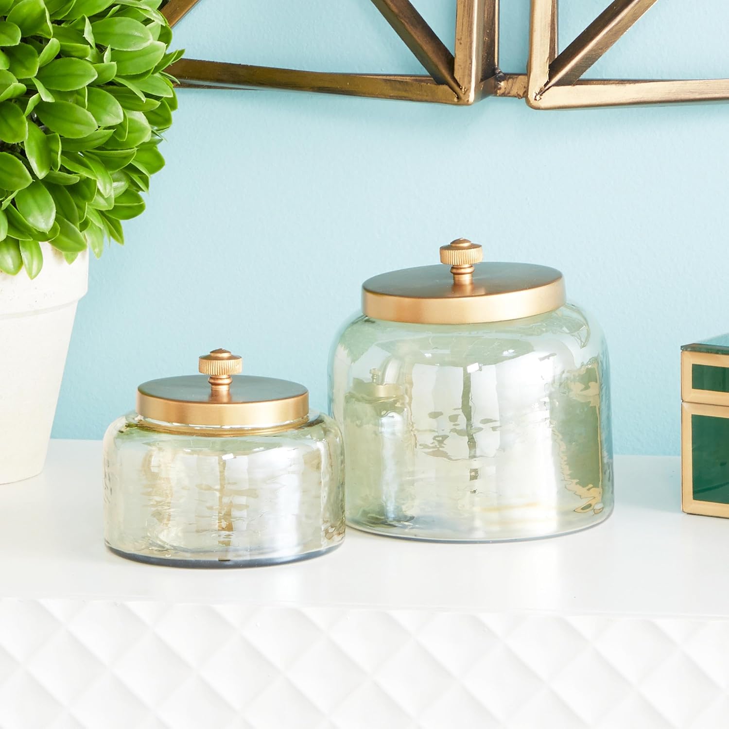 CosmoLiving by Cosmopolitan Glass Decorative Jars with Metal Lids, Set of 2 4", 5"H, Gold