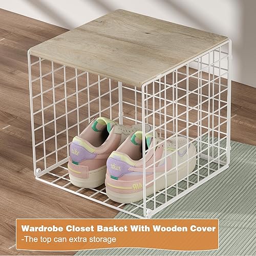 Miniatura 4 de 3 organizadores apilables de armario y almacenamiento, estantes de armario con parte superior de madera, almacenamiento extra, organizador de