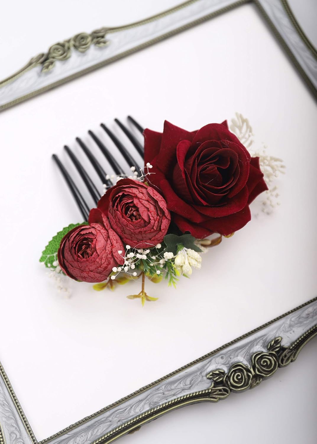Kercisbeauty Red Rose Burgundy Hair Comb for Brides Wedding Bridal Vintage Headband Burgundy Floral Comb Festival Headpiece Women Party