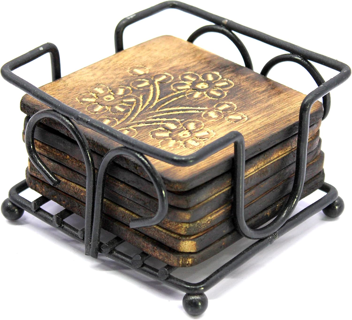 StonKraft Wooden Tea Coffee Coasters/Rustic Vintage Look Coasters Set with Wrought Iron Holder