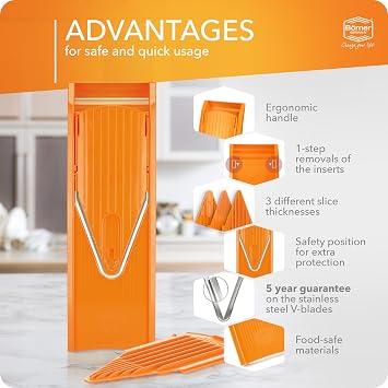 Borner Mandoline Slicer V1 (Basis Set) V-Slicer with 2 Inserts & Fruit Holder Adjustable Kitchen Slicer for Vegetables & Fruits Vegetable Cutter 3 Thickness Settings Color: Orange