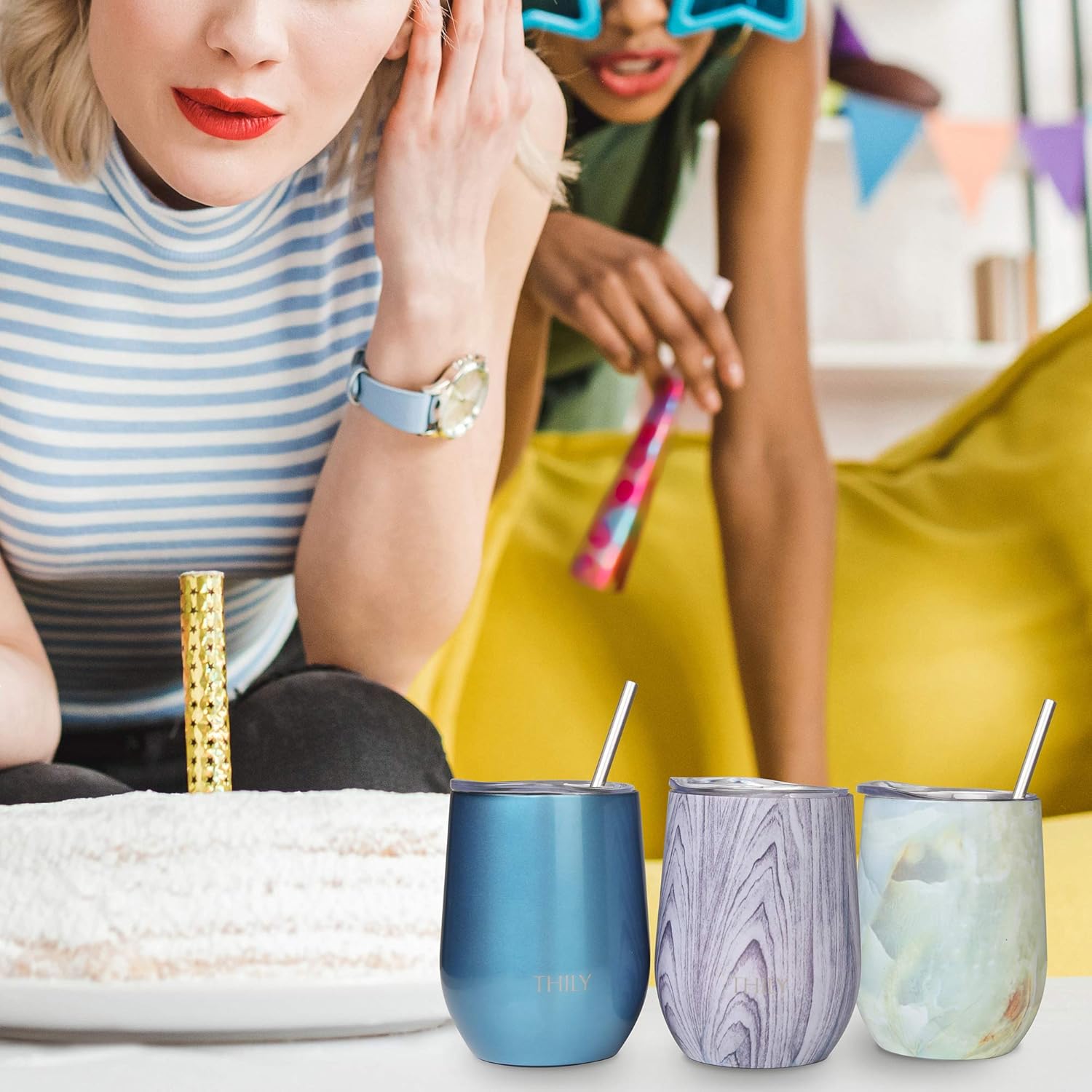 THILY Stemless Wine Tumbler Vacuum Insulated 12 oz Triple-Insulated Stainless Steel Wine Glass with Lid, Straw, Keep Cold for Coffee, Cocktails, Opal Marble - Image 5