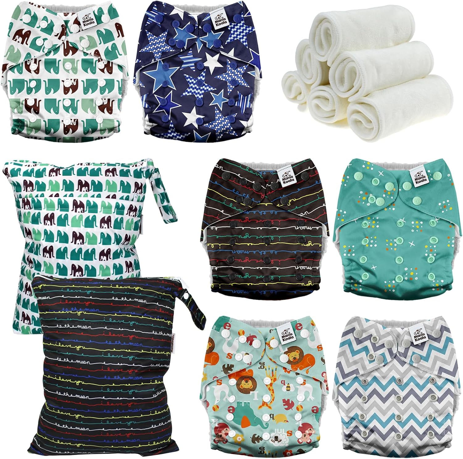 Mama Koala 3.0 Baby Cloth Diapers with 6 Inserts Bundle(Jagger-R), with 2 Pack Waterproof Wet Dry Bags