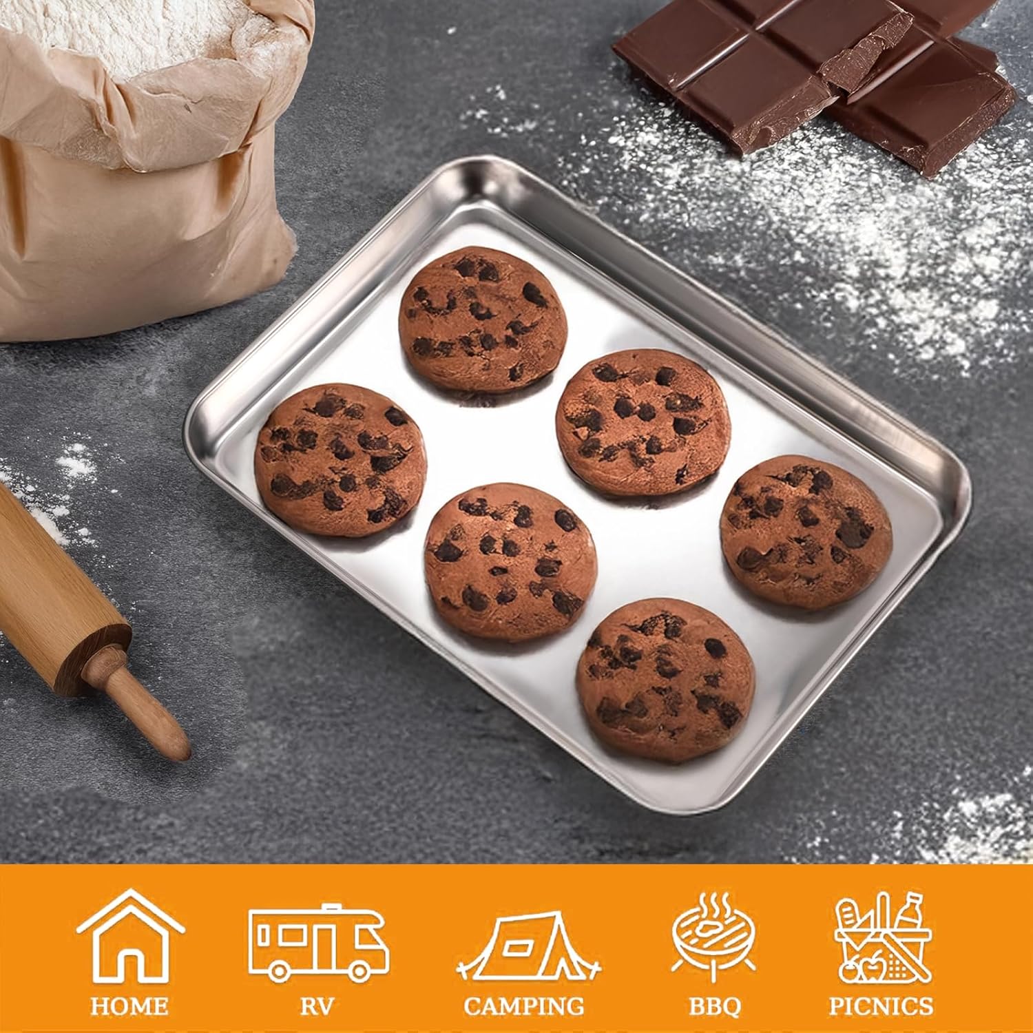 12 Pack Stainless Steel Plates, Metal Food Tray Plate, Small Baking Sheets for Oven, Food Safe Smooth Polished for Adults, Picky Eaters, Campers, Hand Project (8.3''L x 5.8''W)