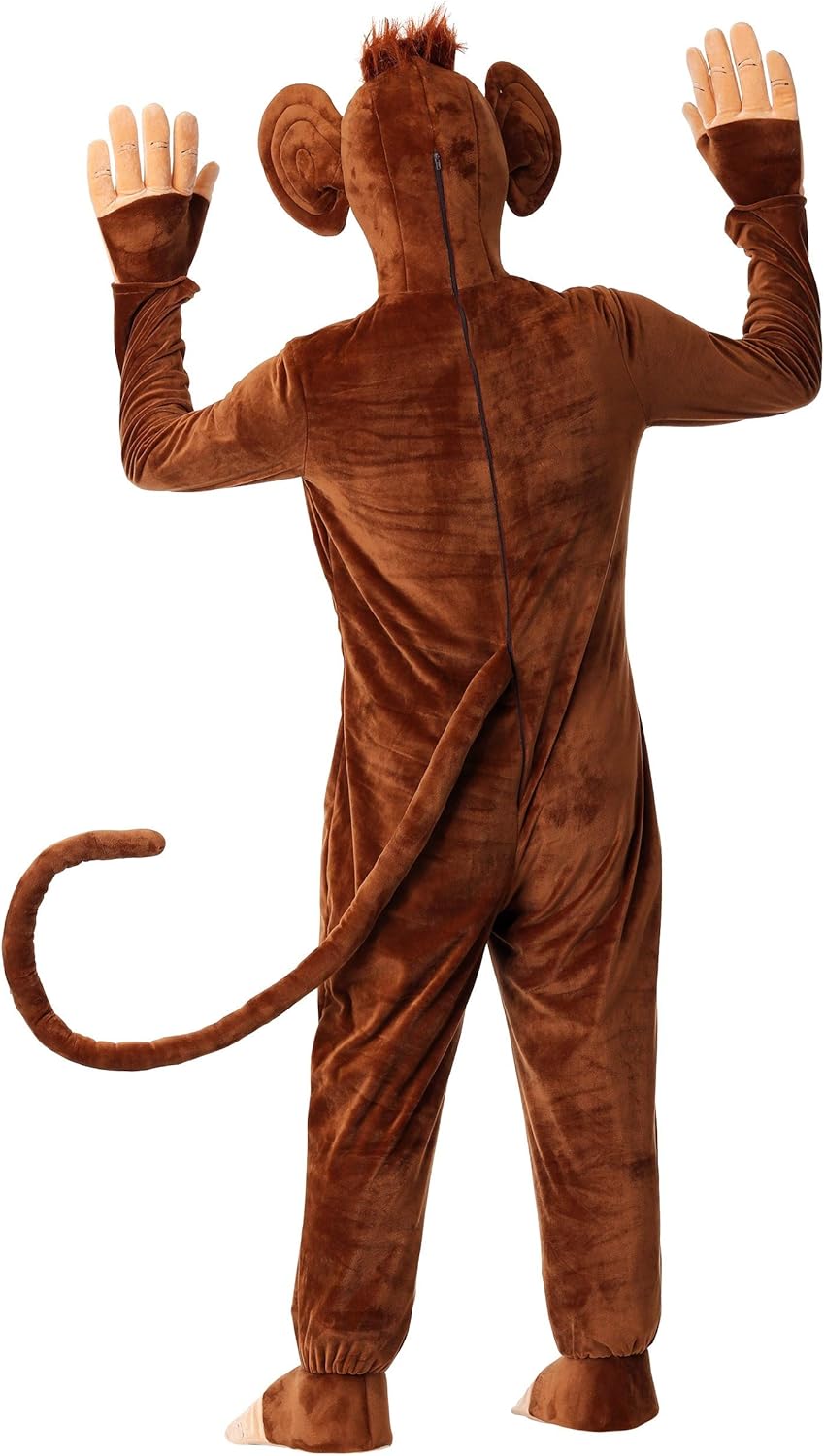 Adult Plus Size Funky Monkey Costume | Jumpsuit with Attached Hood with Ears & Bendable Tail, Foot Covers and Gloves - Image 3