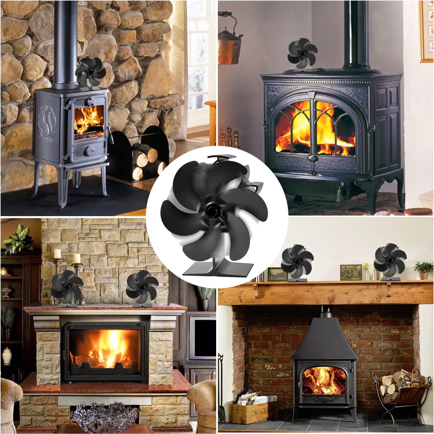 Ventilador de chimenea, 6 aspas, ventilador de horno, chimenea eléctrica, estufa, ventilador de estufa de calor, gran espacio para estufa, estufa de leña, ecológico sin electricidad (6 cuchillas)