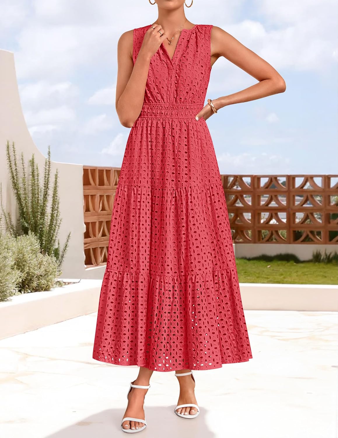 ZESICA Women's 2026 Summer Sleeveless Maxi Dress Casual V Neck Hollow Out Eyelet A Line Flowy Party Long Dresses