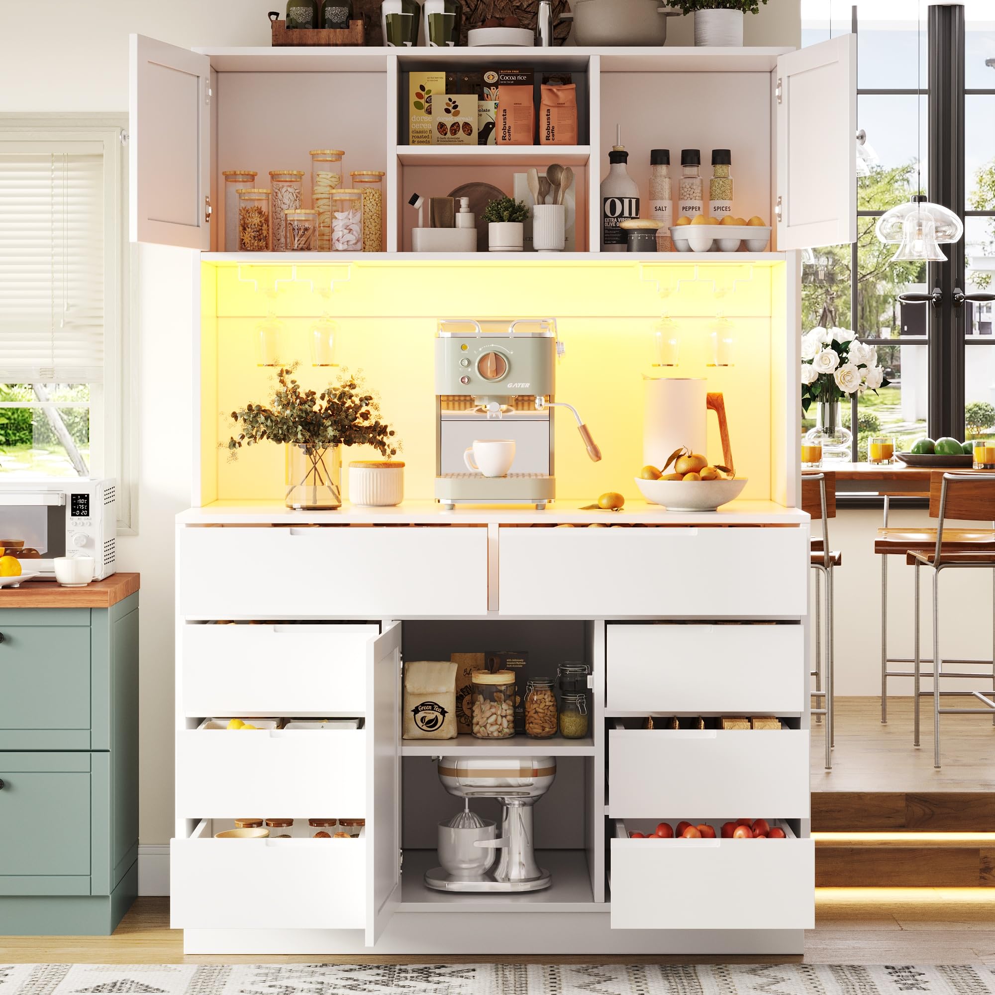 Mobile alto moderno, bianco, 120 × 40 × 183,5 cm, armadio da cucina, armadi alti per soggiorno, 8 cassetti, chiusura magnetica, ripiani regolabili in altezza